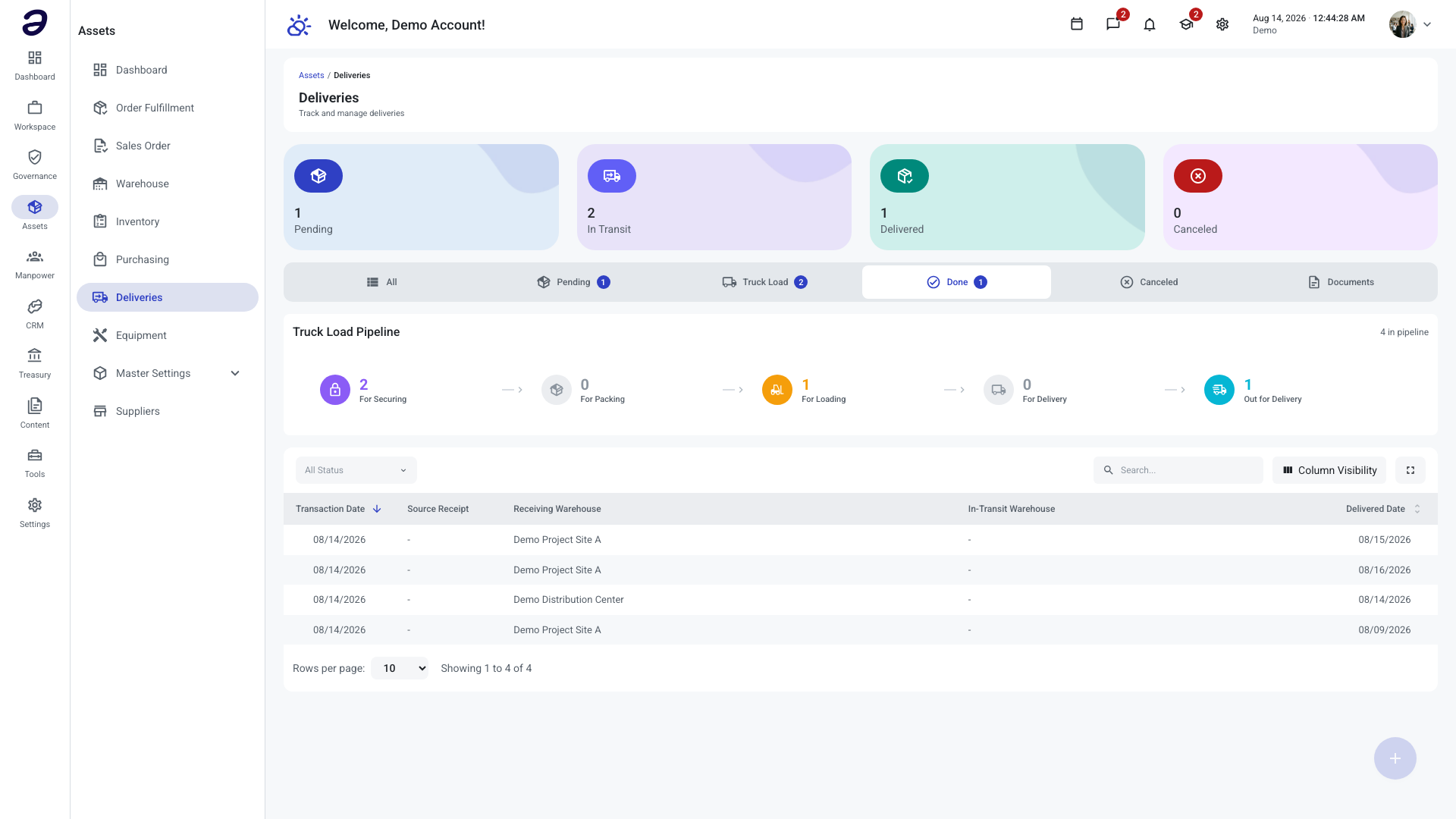Assets - Deliveries page, Done tab