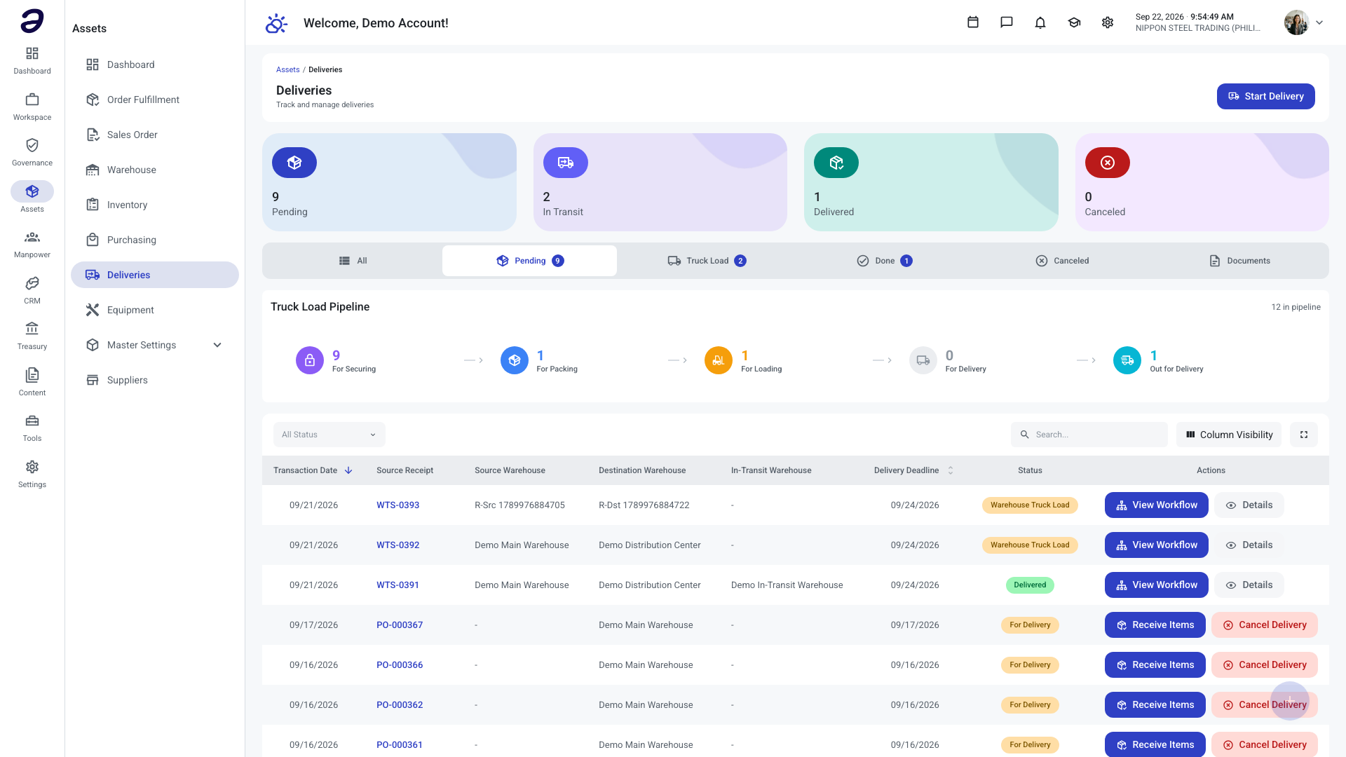 Assets - Deliveries page, Pending tab
