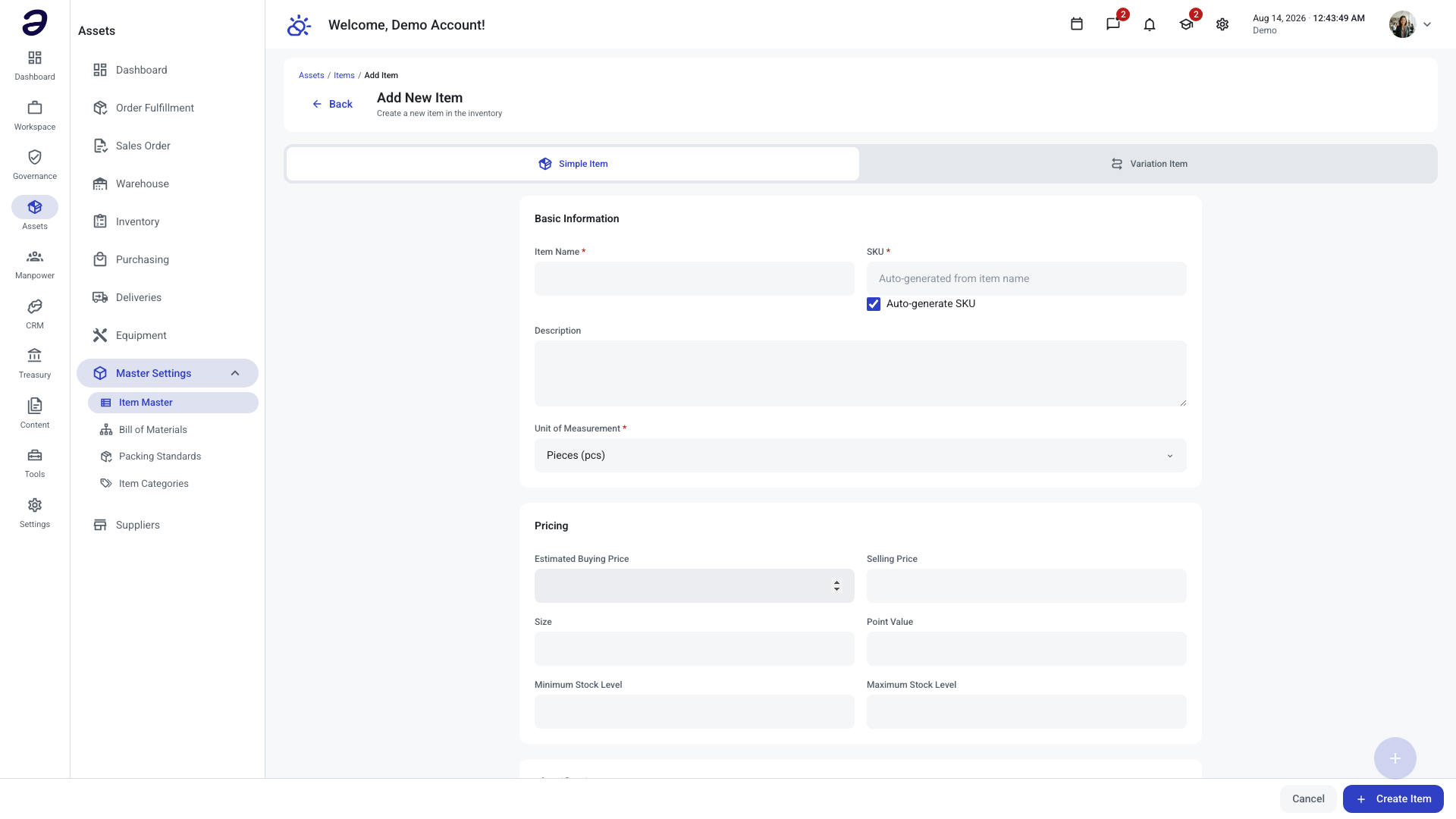 Assets - Add New Item form showing the Basic Information and Pricing sections