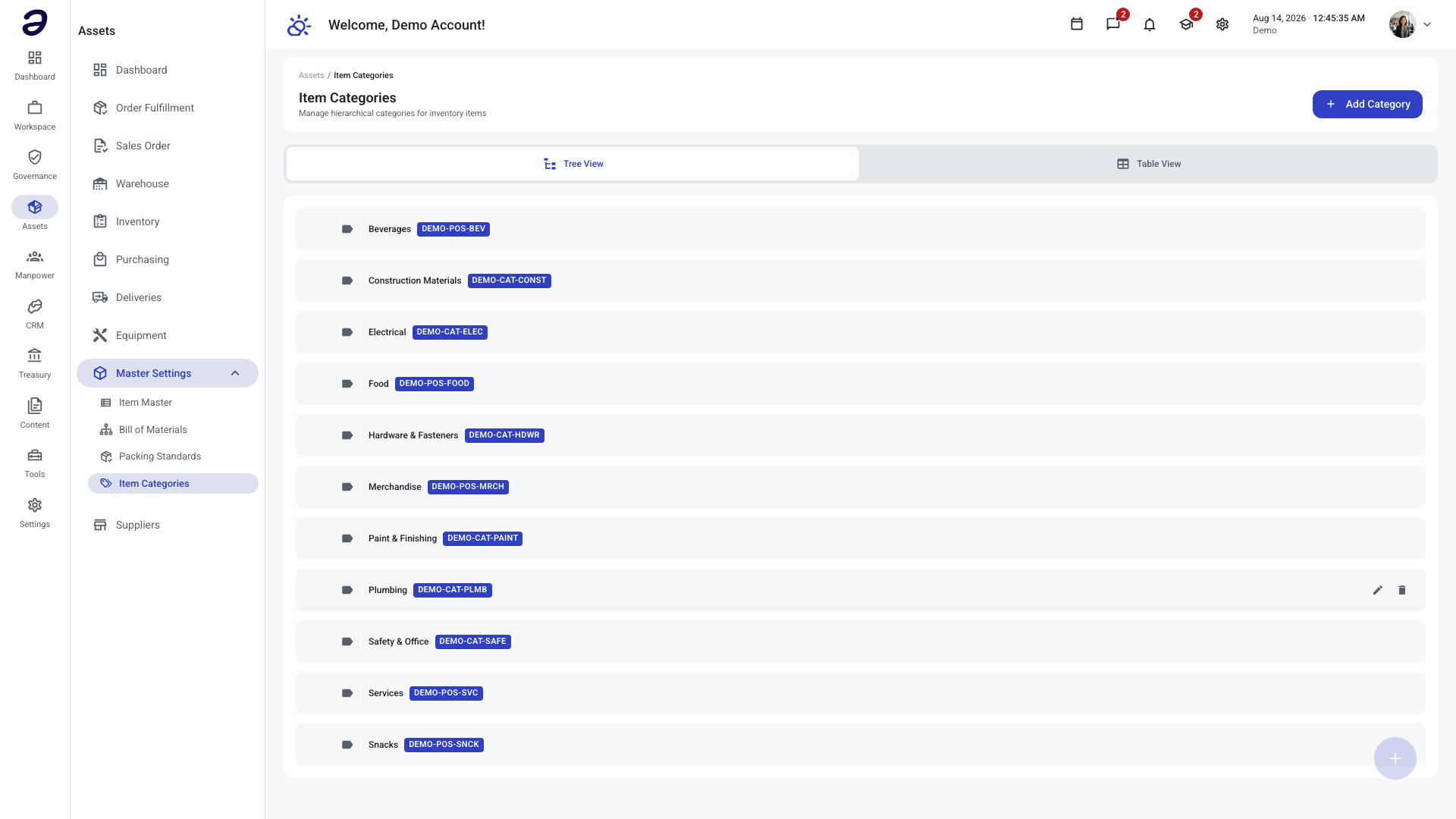 Assets - Item Categories page in Tree View