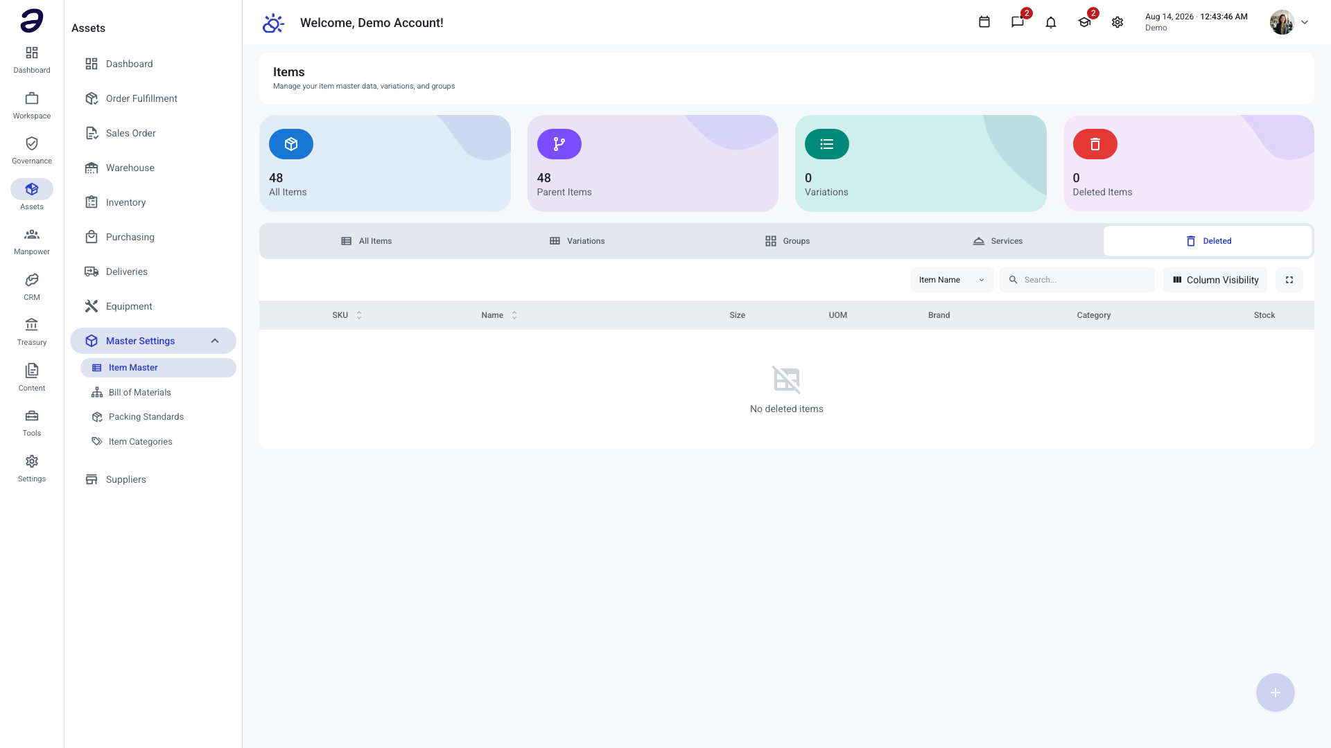 Assets - Items page, Deleted tab