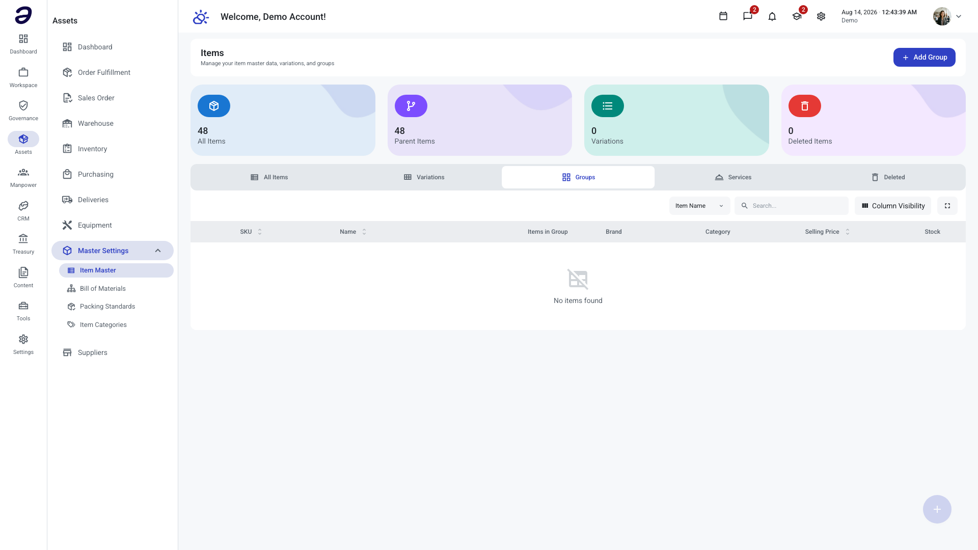 Assets - Items page, Groups tab