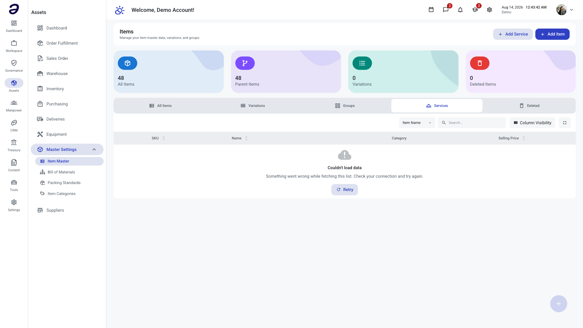 Assets - Items page, Services tab