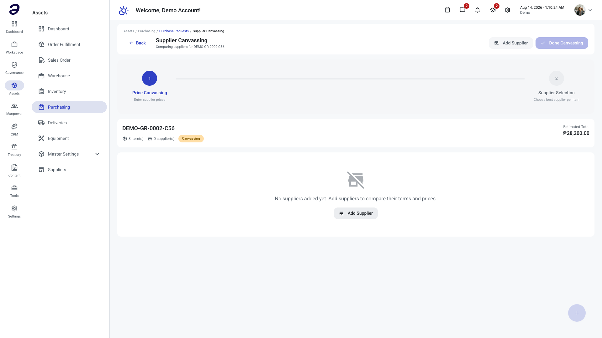 The Supplier Canvassing screen for a purchase request, showing the two-step workflow stepper, the request overview bar, and the supplier comparison area