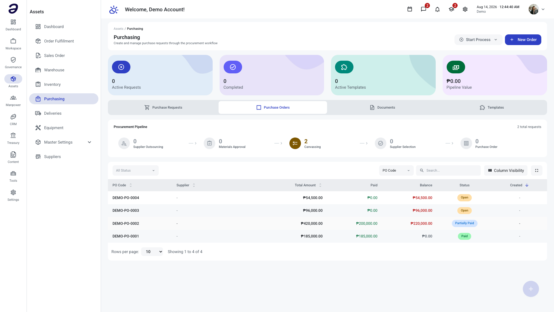 Assets - Purchasing page on the Purchase Orders tab