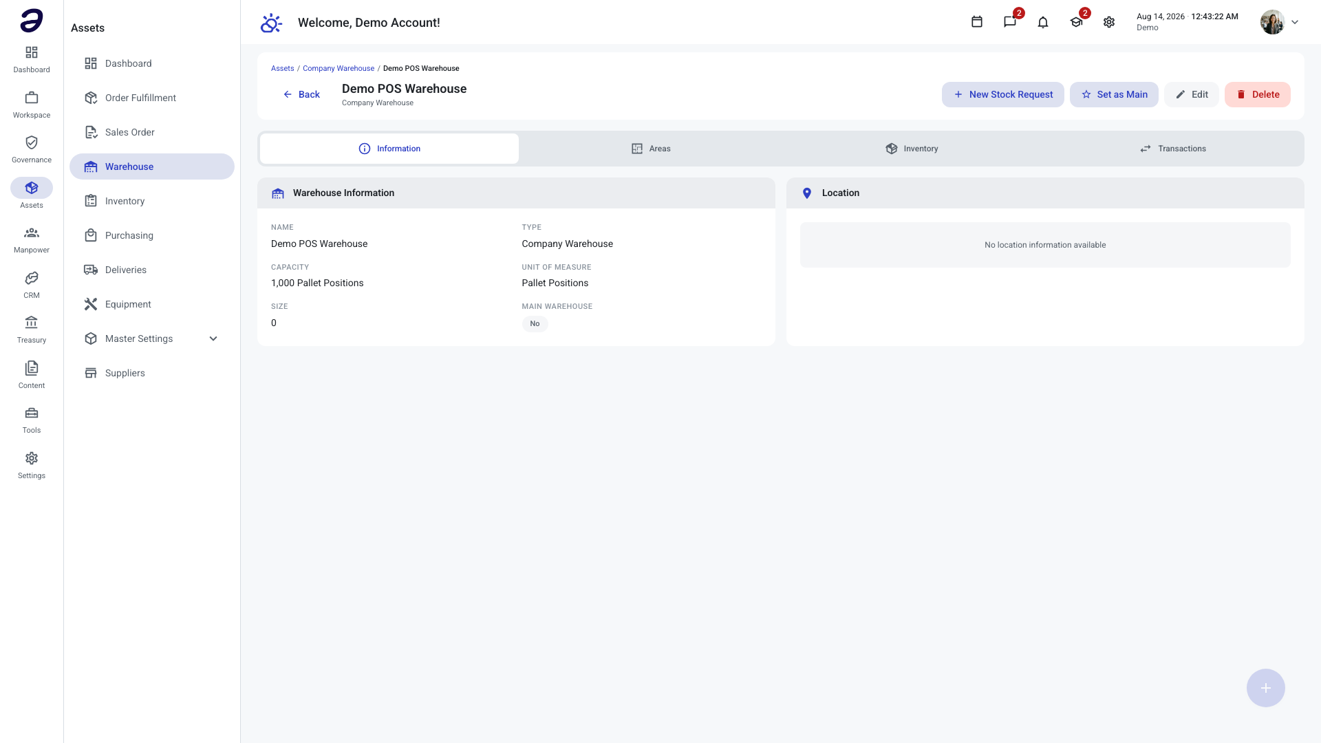 Assets - Warehouse detail page with its action buttons and tabs