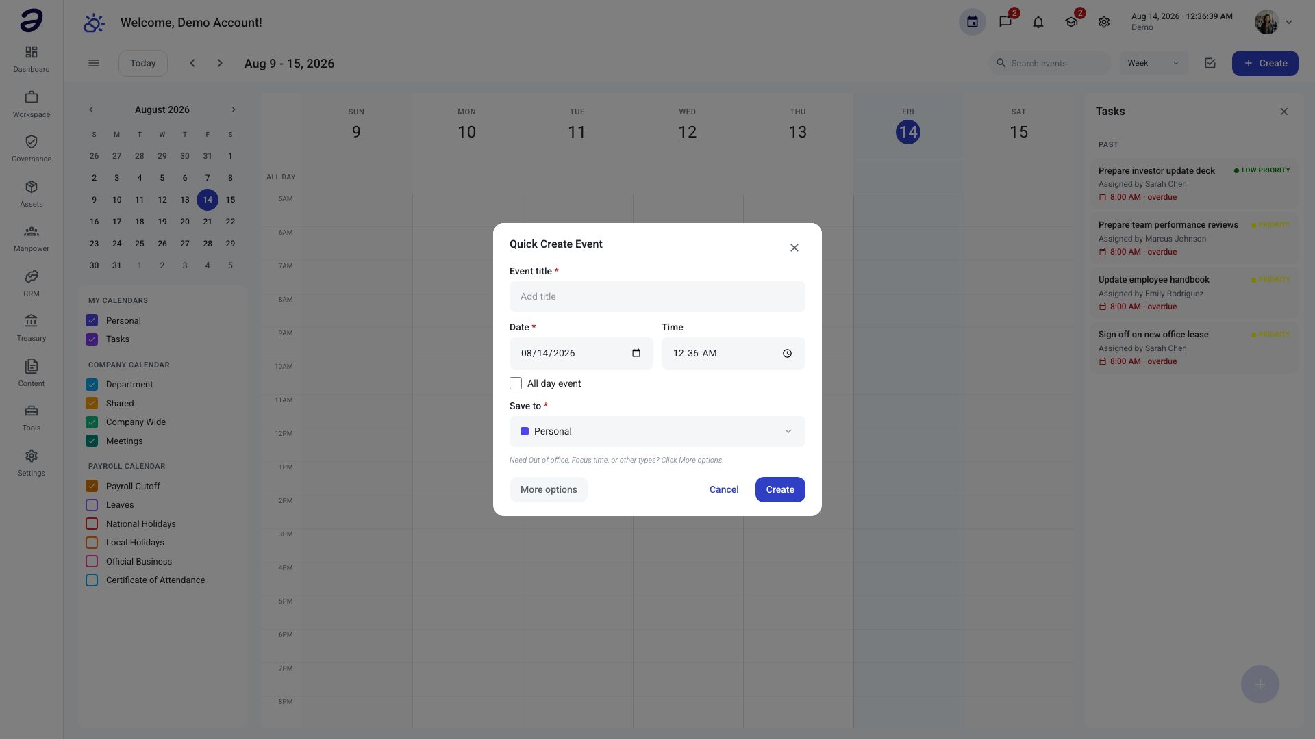 The Quick Create Event dialog over the calendar grid, with an Event title box, Date and Time fields, an All day event checkbox, a Save to selector set to Personal, and More options, Cancel, and Create buttons