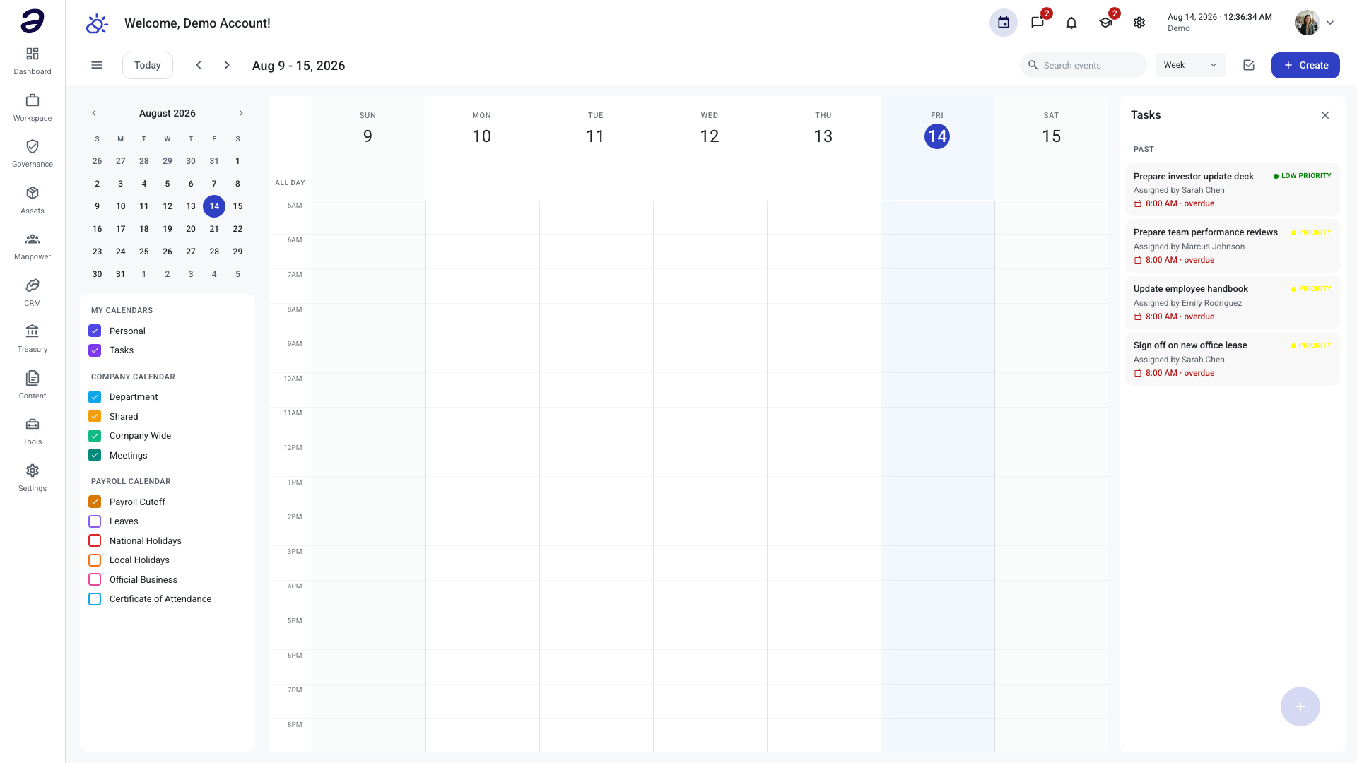 The Calendar in Week view with the Tasks panel open on the right, listing tasks under a Past heading with their priority chip, who assigned them, and an overdue due time