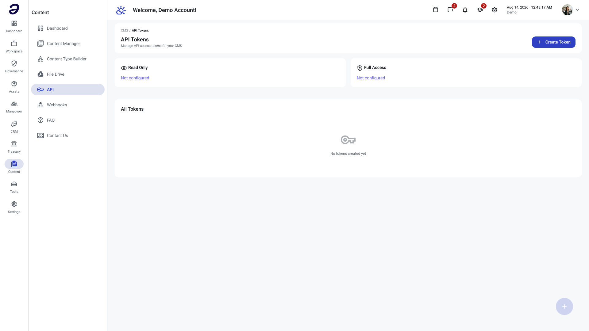 The API Tokens page with Read Only and Full Access summary cards both marked Not configured, an empty All Tokens list, and a Create Token button