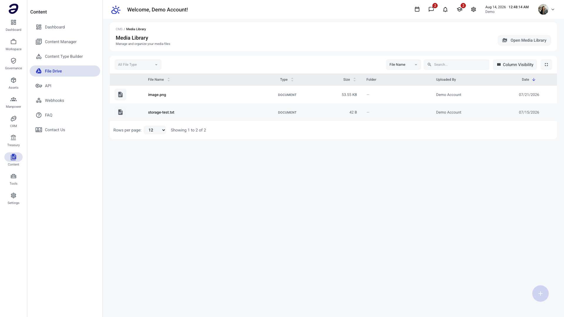 The CMS Media Library list showing two uploaded files with their type, size, folder, uploader, and upload date, above a file-type filter, search box, and column visibility control