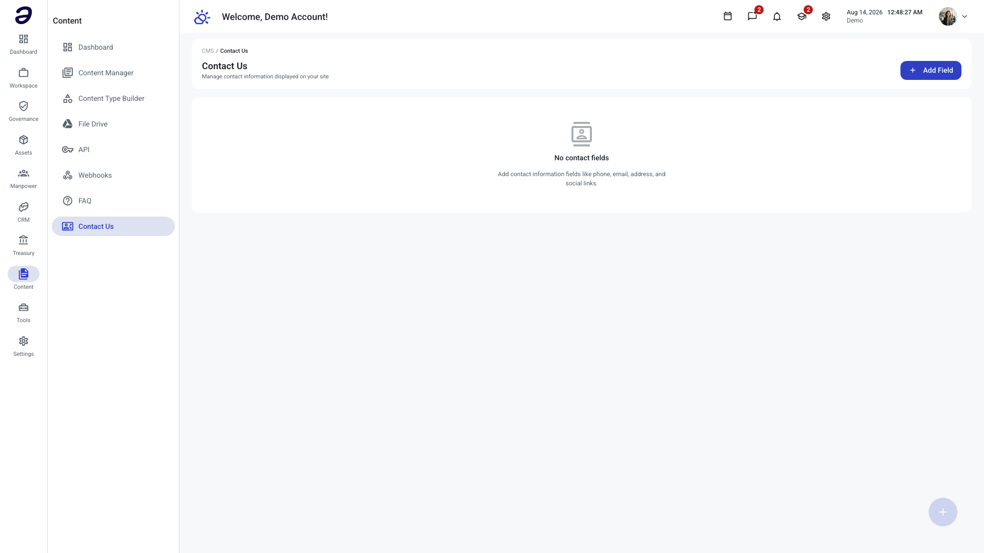 The Contact Us page with no contact fields yet, showing an empty state that suggests adding phone, email, address, and social links, and an Add Field button