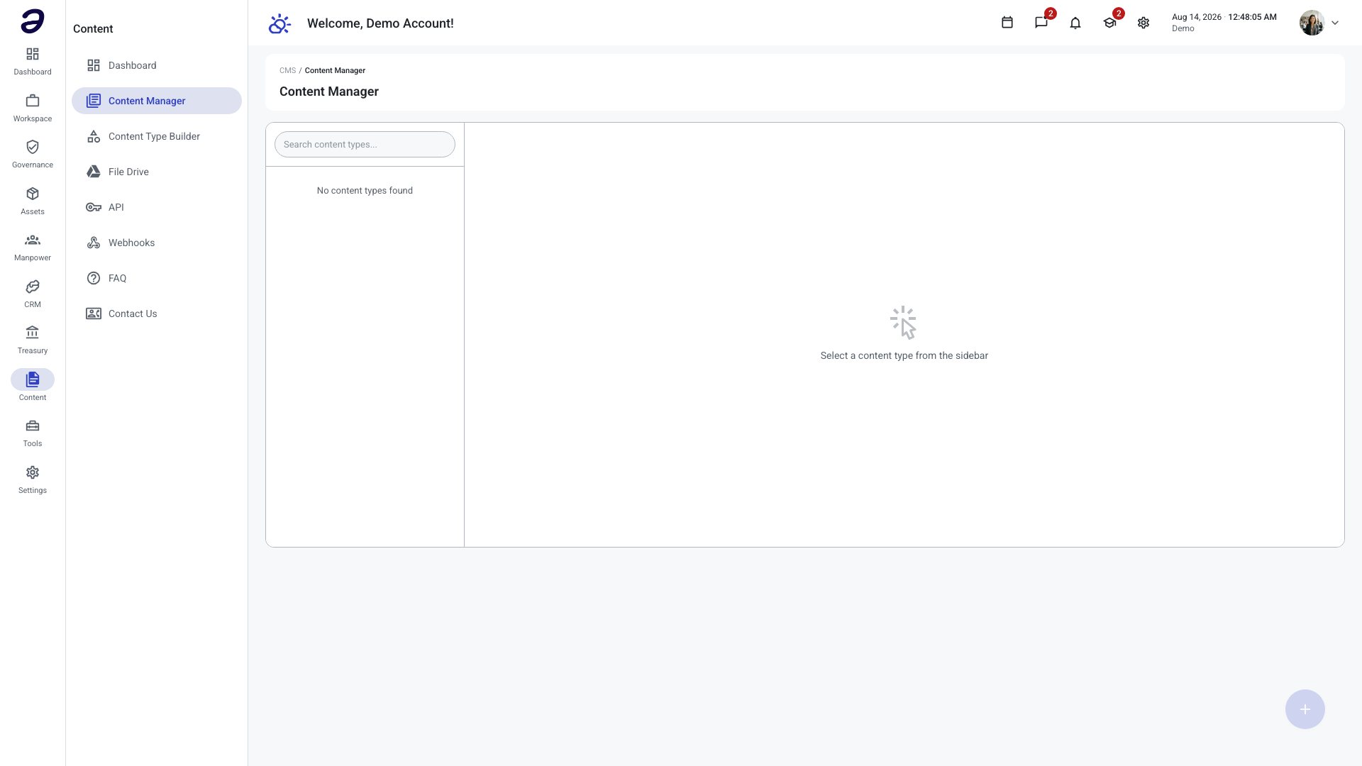 The Content Manager with its content types sidebar on the left and a right-hand panel prompting you to select a content type from the sidebar
