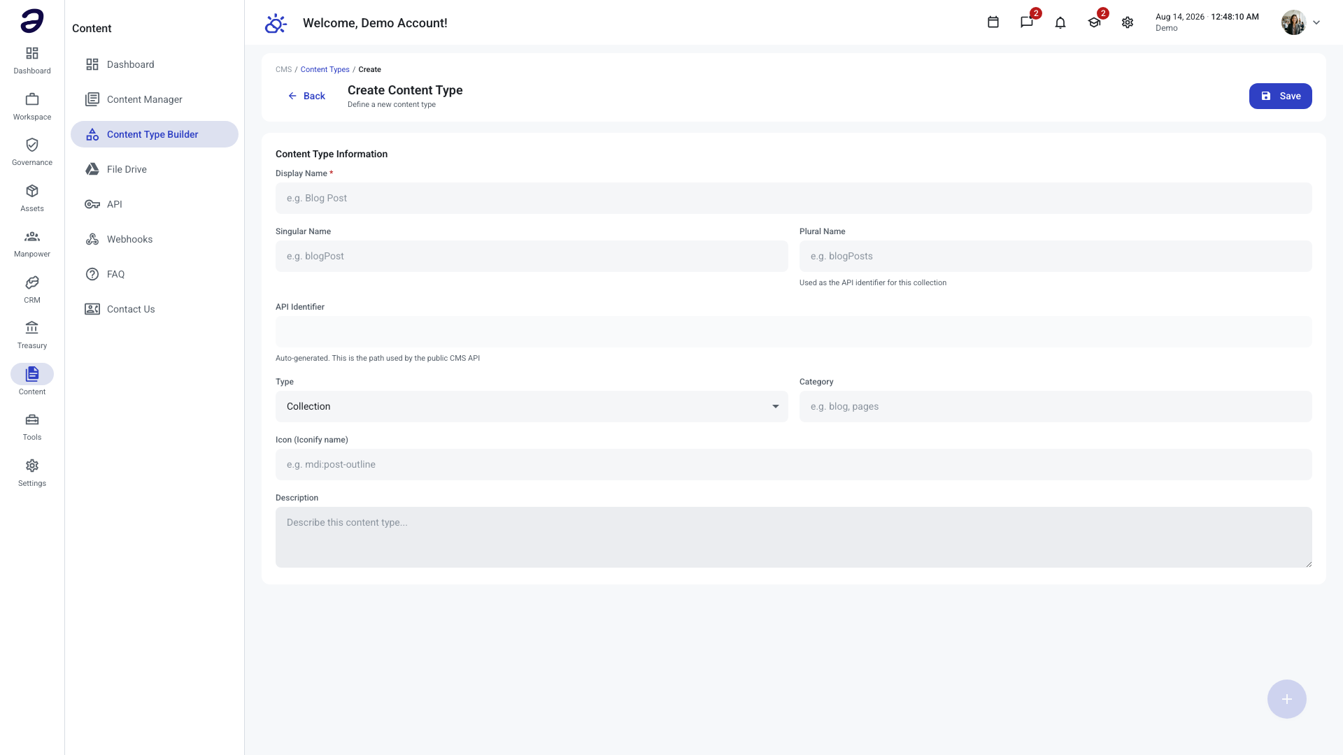 The Create Content Type form with fields for Display Name, Singular Name, Plural Name, API Identifier, Type, Category, Icon, and Description