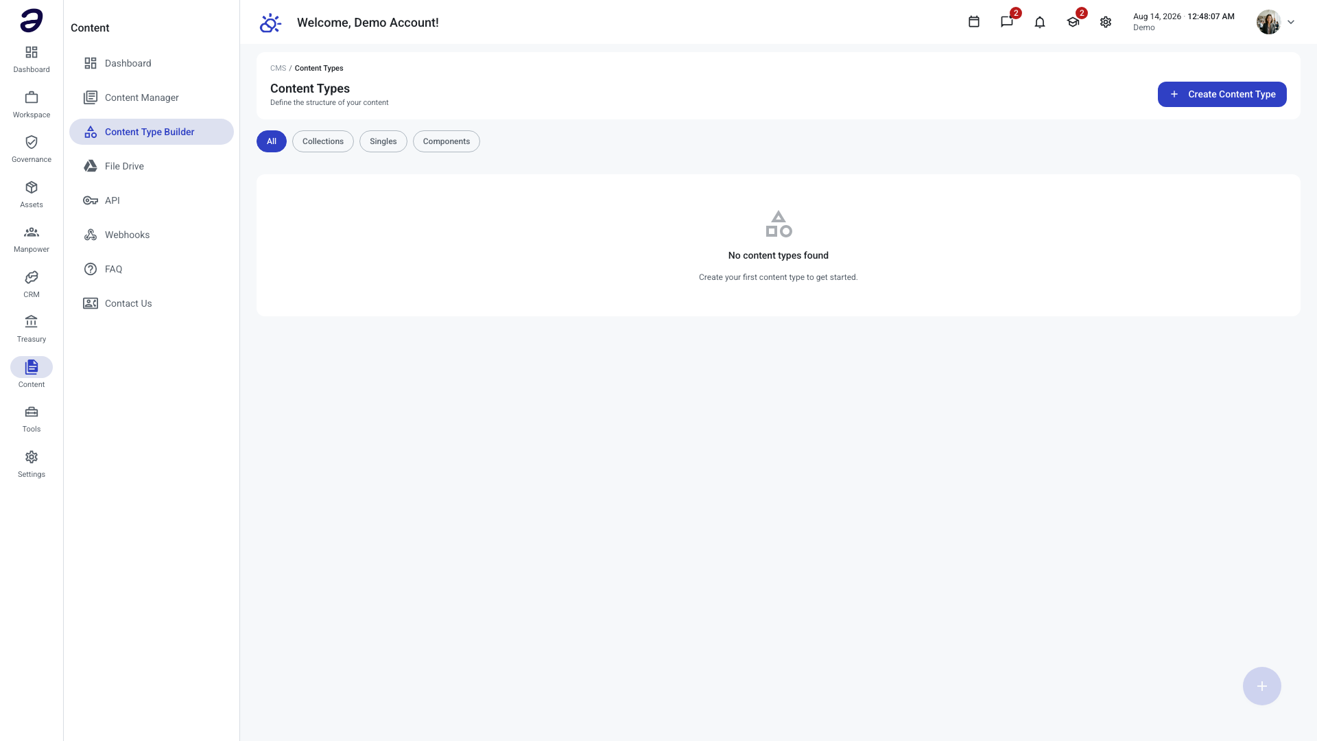 The Content Types list with the All, Collections, Singles, and Components tab filter and an empty state inviting you to create your first content type