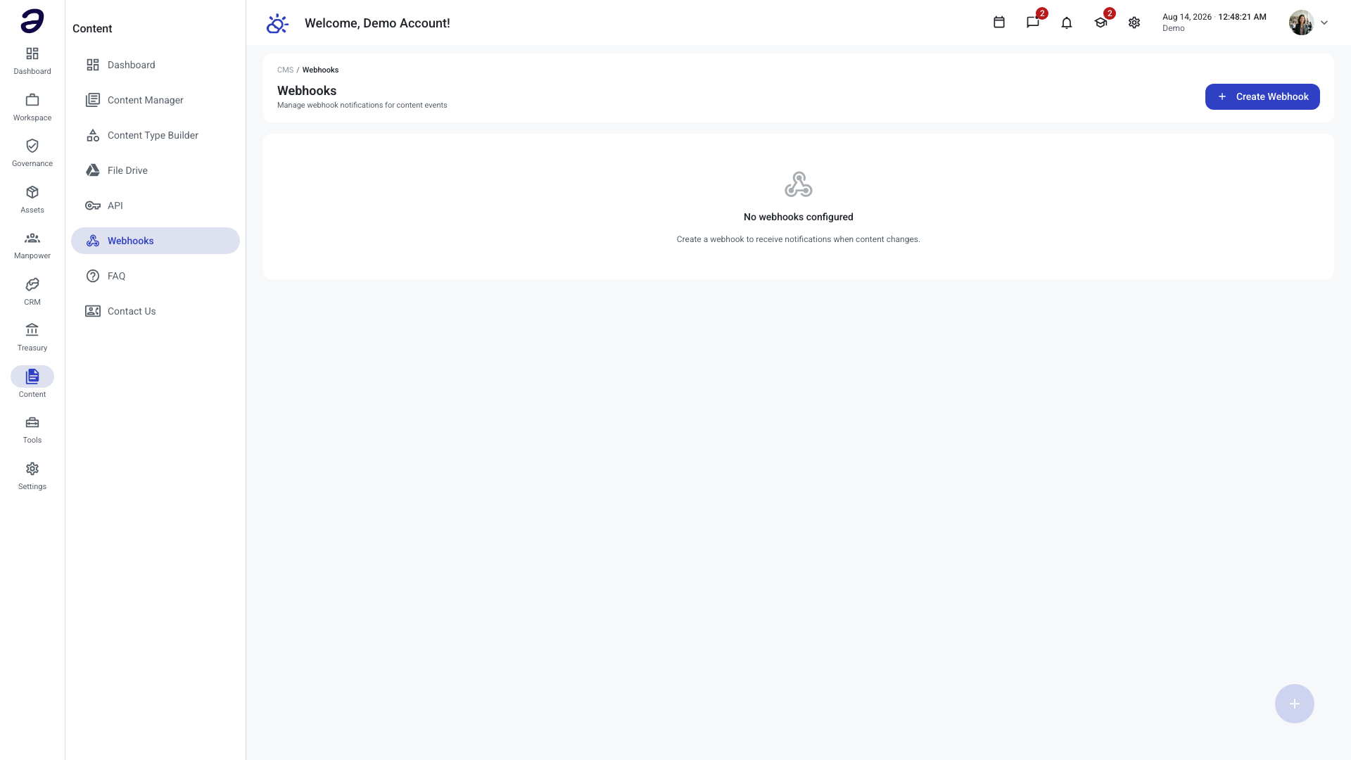 The Webhooks page with no webhooks configured yet, showing an empty state and a Create Webhook button in the header