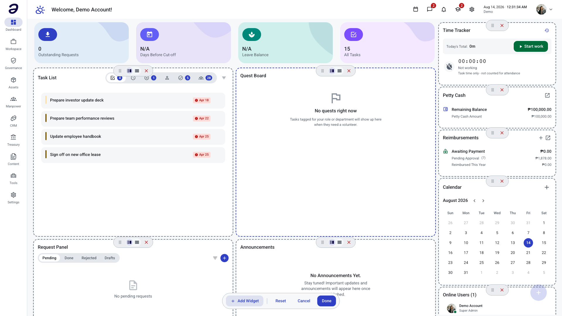 A dashboard in Edit Mode: every widget is outlined with a dashed border and carries a small control strip, and a floating edit bar with Add Widget, Reset, Cancel, and Done sits at the bottom of the screen