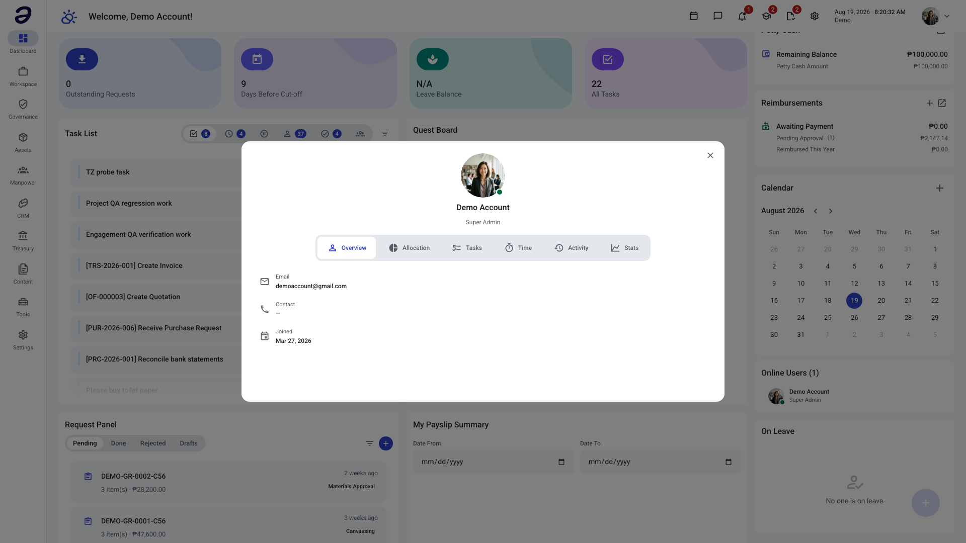 A colleague's profile dialog showing the Overview tab with their email, contact, and join date