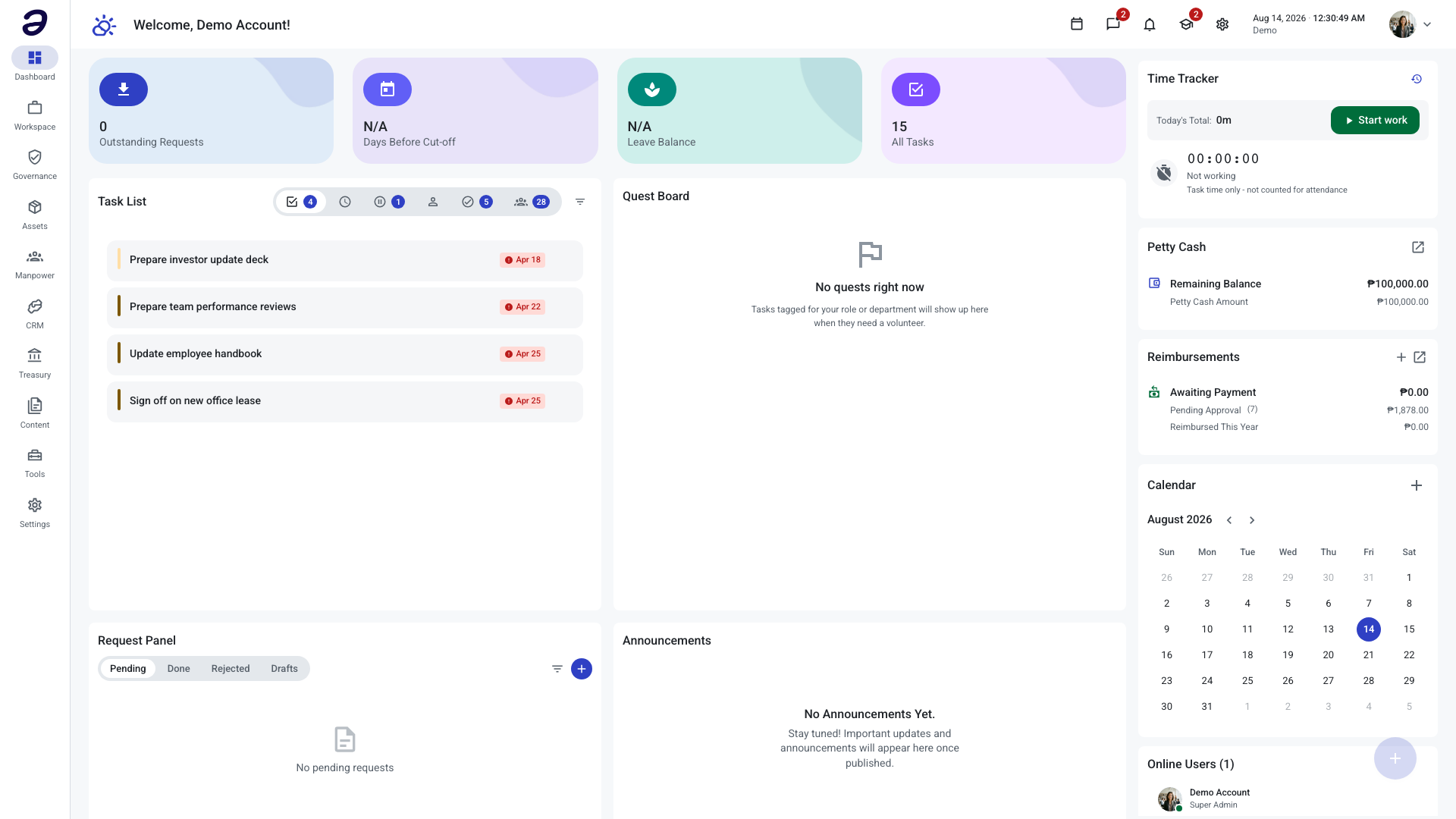 The ANTE dashboard right after signing in, showing the module sidebar on the left, task list and request panel in the middle, and the time tracker and calendar on the right