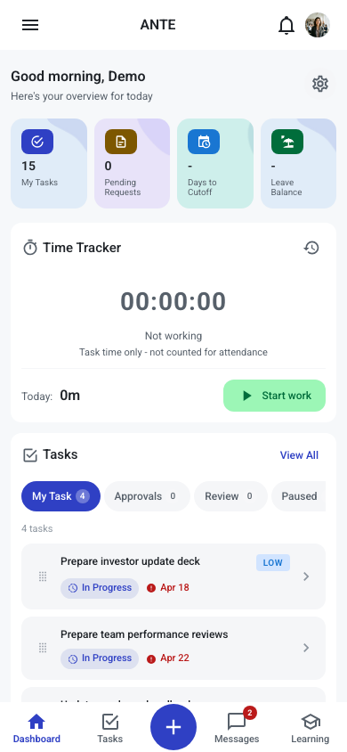 ANTE Mobile dashboard on a phone: greeting and settings icon at the top, four counter cards, the Time Tracker card, the Tasks card with its tabs, and the bottom navigation bar