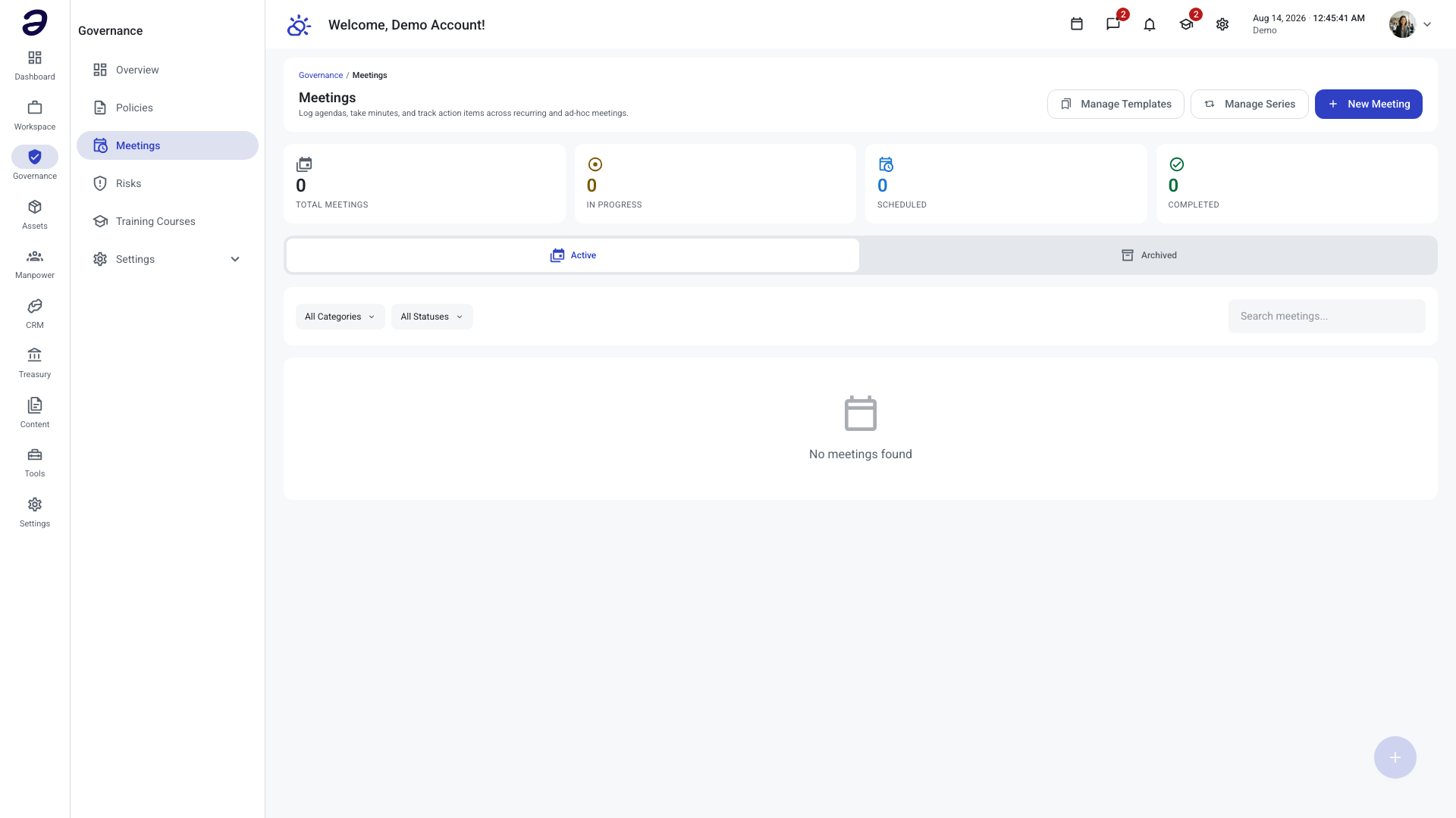 The Governance Meetings page: New Meeting, Manage Templates and Manage Series buttons in the header, four summary cards, the Active and Archived tabs, category and status filters with a search box, and the meetings list below