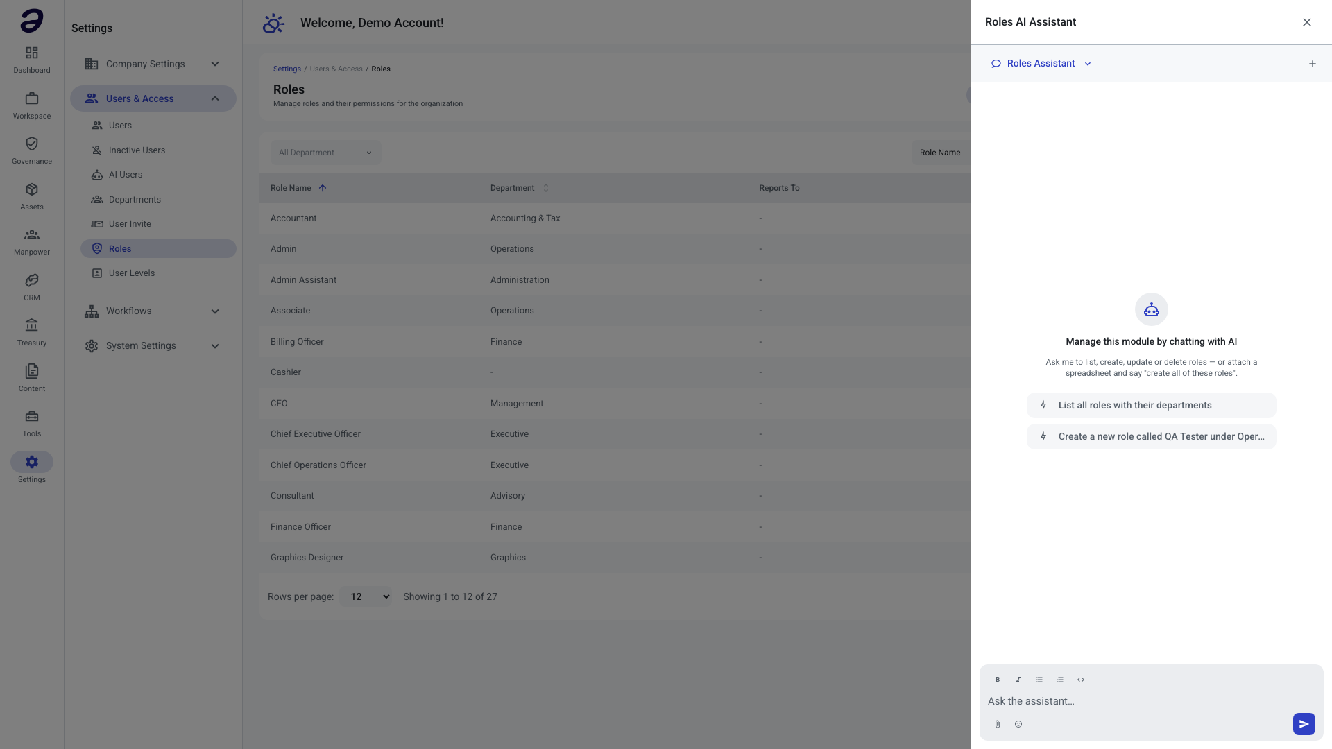 The Roles AI Assistant panel open on the right side of the Settings Roles page, showing the conversation bar, suggested example requests, and the message box at the bottom