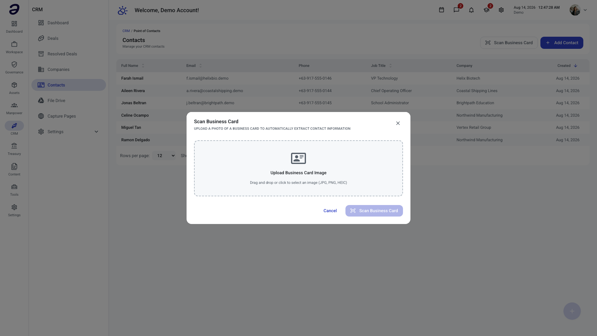 The Scan Business Card dialog open over the Contacts list, with a drag-and-drop area for a JPG, PNG, or HEIC card image and a Scan Business Card button