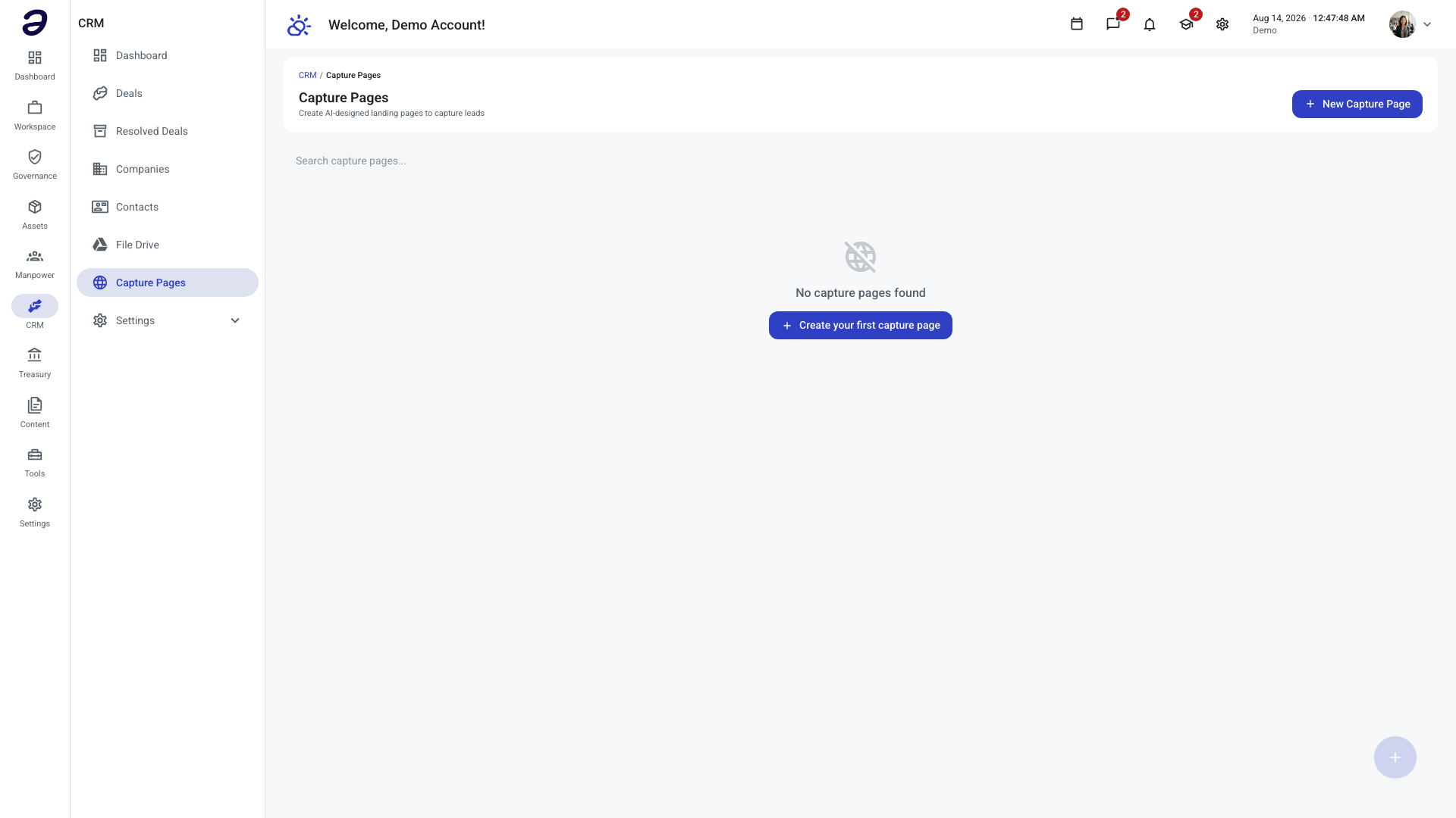 The Capture Pages screen before any page exists, showing a search box and an empty state offering to create your first capture page