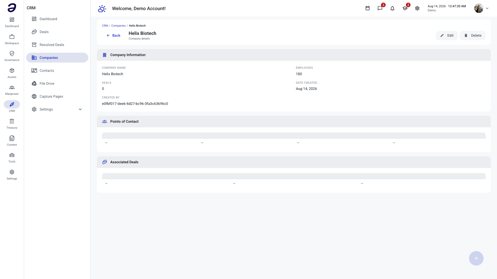 A company detail page showing the Company Information block with name, employees, deals and creation date, above empty Points of Contact and Associated Deals sections