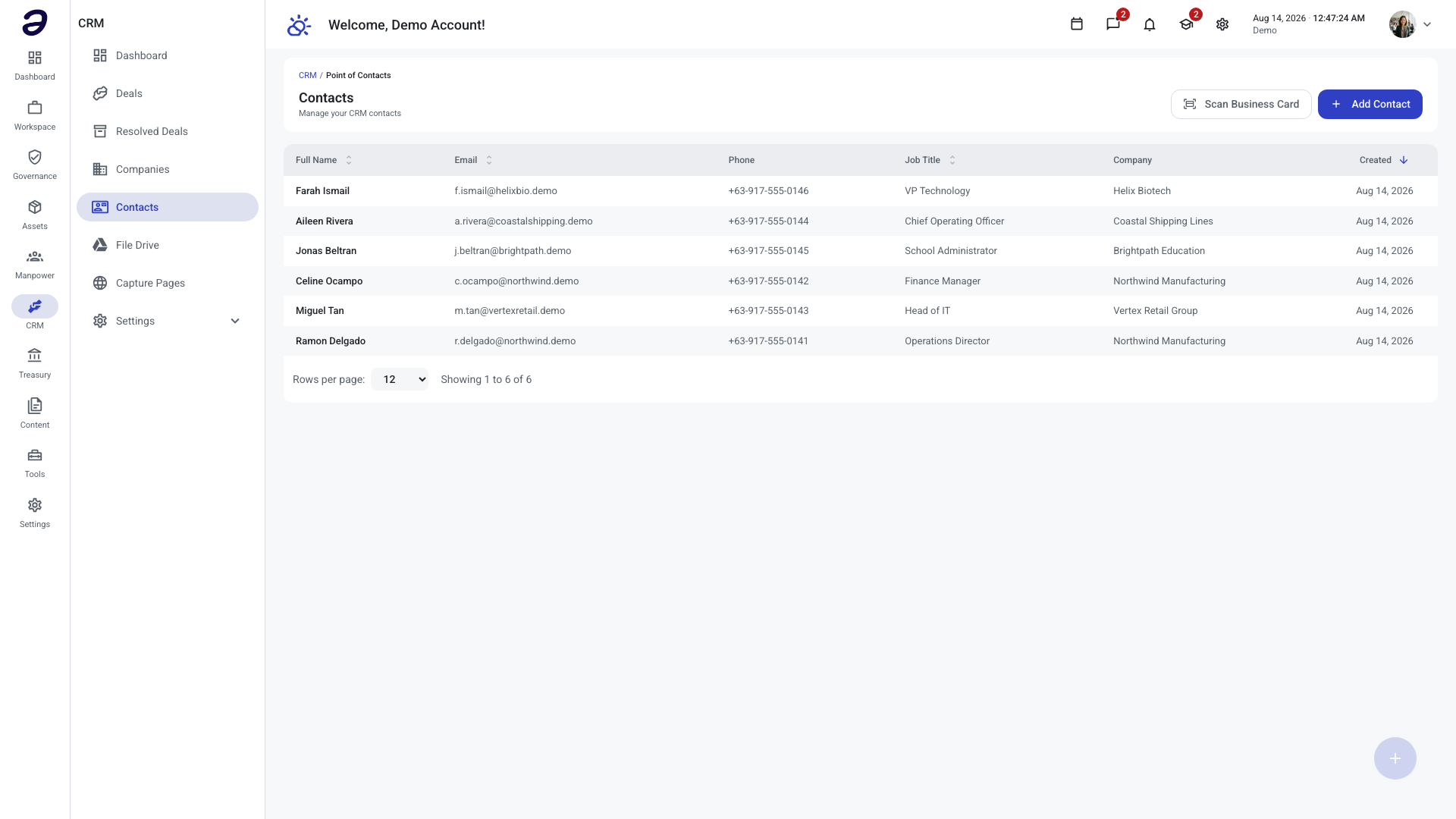 The Contacts list showing six contacts with their full name, email, phone, job title, and the company each belongs to