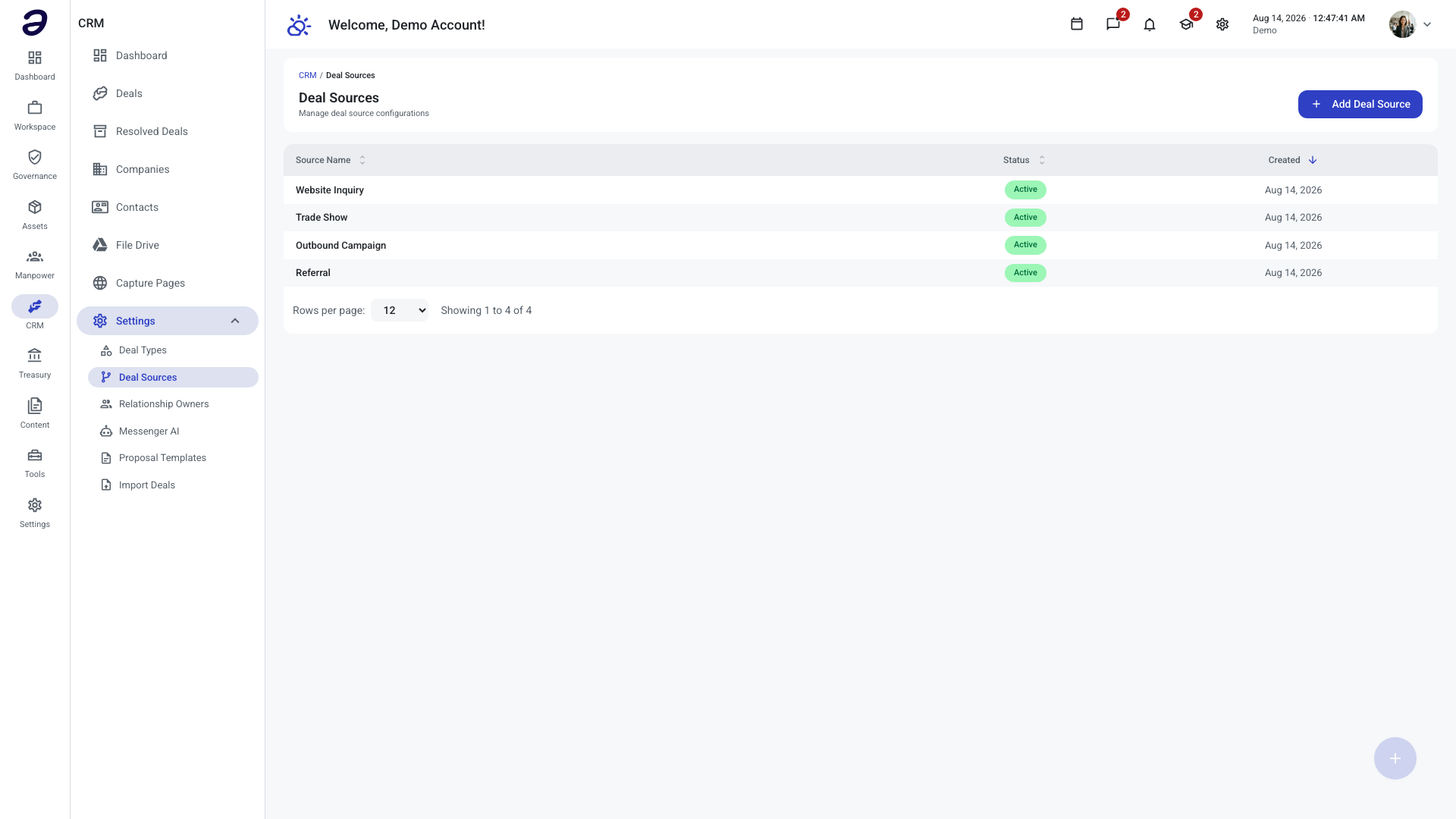The Deal Sources list with four active sources — Website Inquiry, Trade Show, Outbound Campaign, and Referral — each showing an Active status chip and a creation date