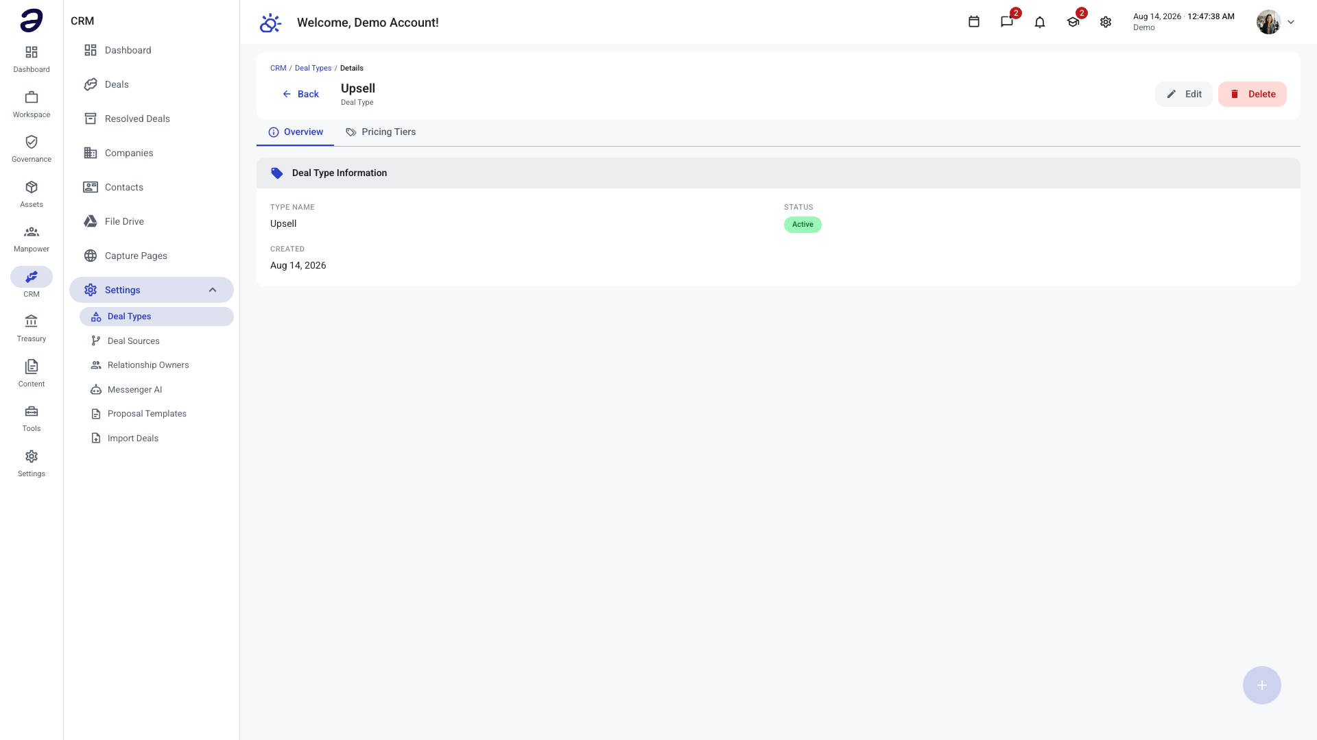 The detail page for the Upsell deal type, open on the Overview tab, showing its type name, Active status, and creation date, with a Pricing Tiers tab alongside