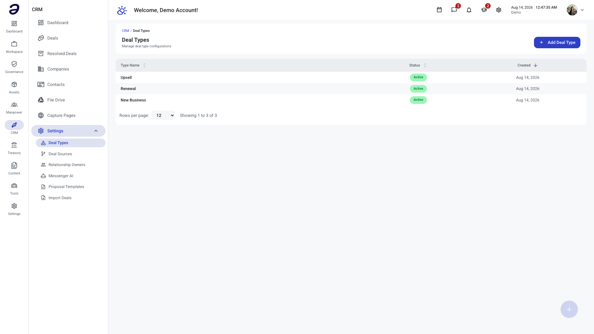 The Deal Types list with three active types — Upsell, Renewal, and New Business — each showing a status chip and creation date, and an Add Deal Type button in the header