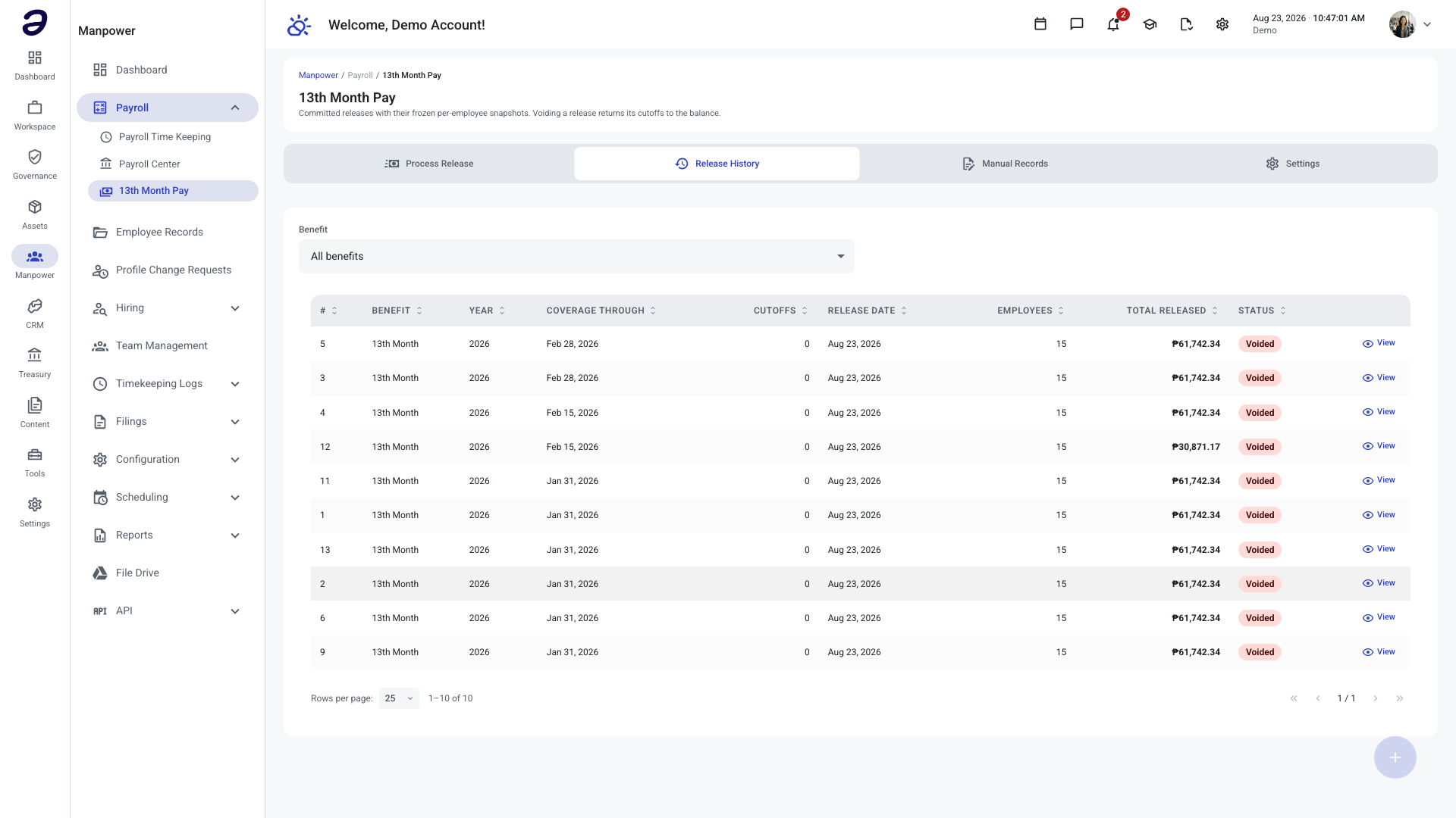 13th Month Pay screen open on the Release History tab listing committed releases