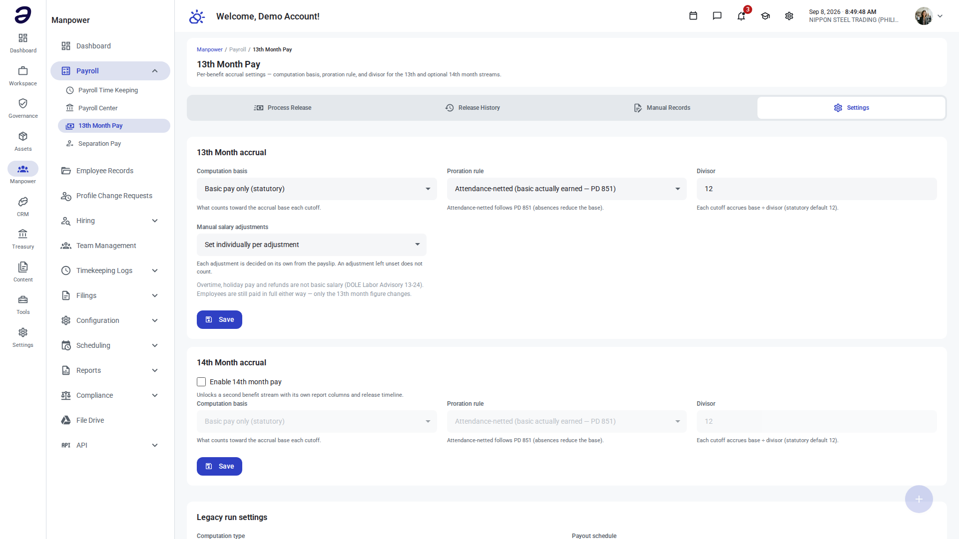 13th Month Pay Settings tab showing the per-benefit accrual cards and legacy run settings