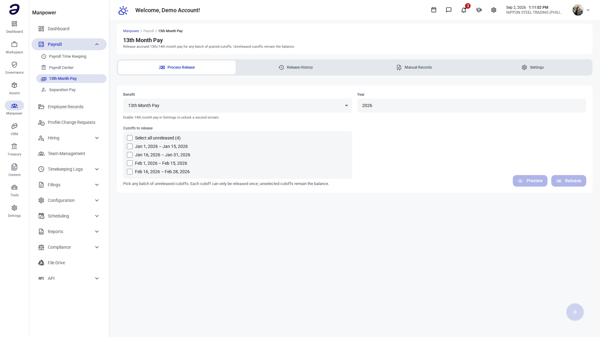 13th Month Pay screen open on the Process Release tab with the benefit, year, and cutoff checklist