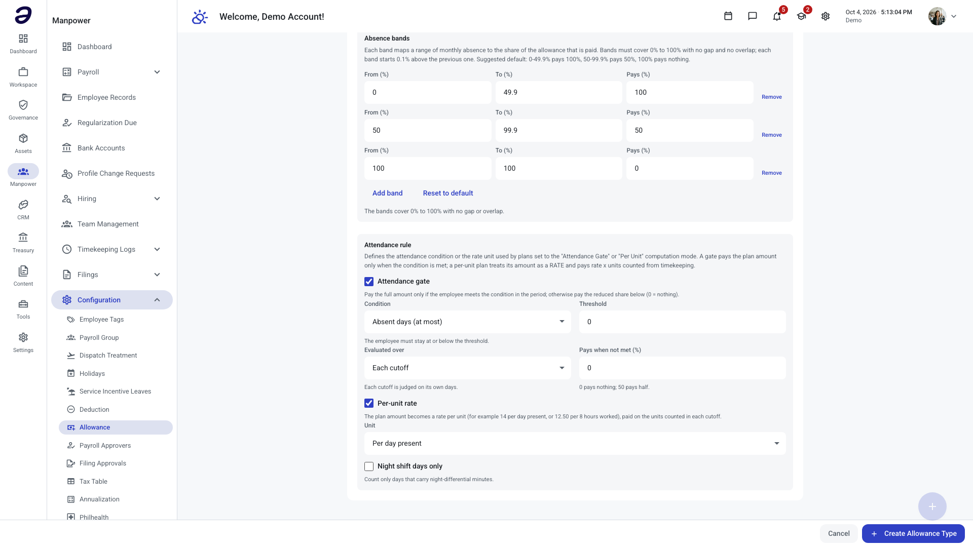 Attendance rule section of an allowance type with the attendance gate and per-unit rate switched on
