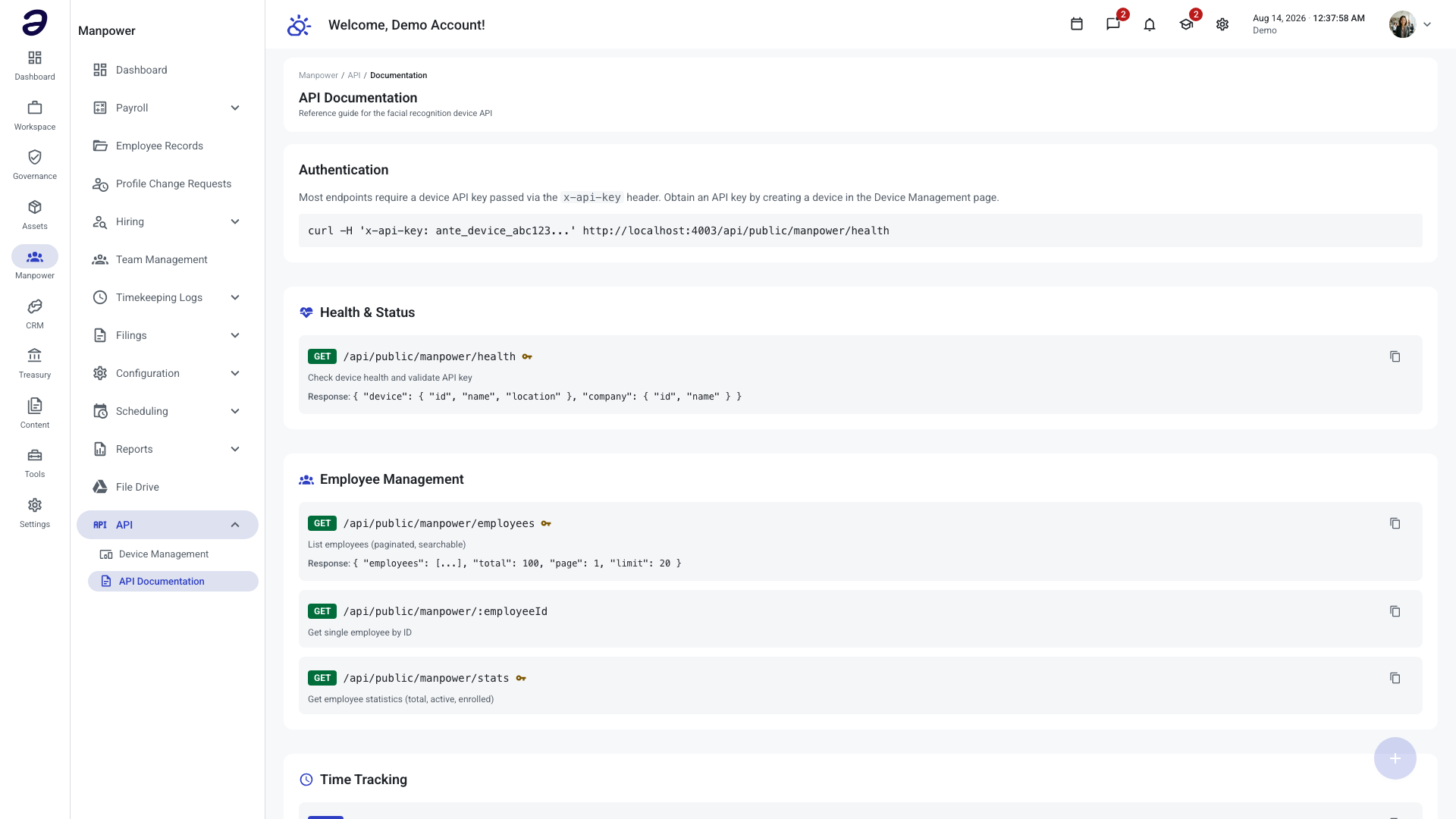 API Documentation screen showing the device endpoint groups and their addresses