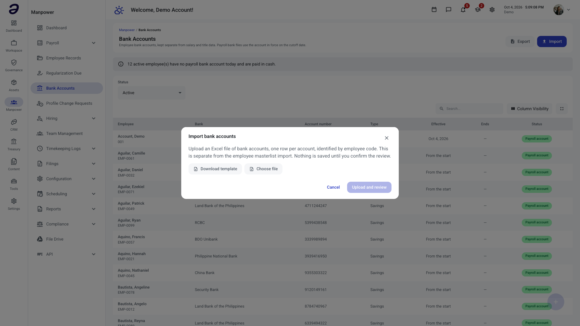 Import bank accounts dialog with Download template and Choose file buttons