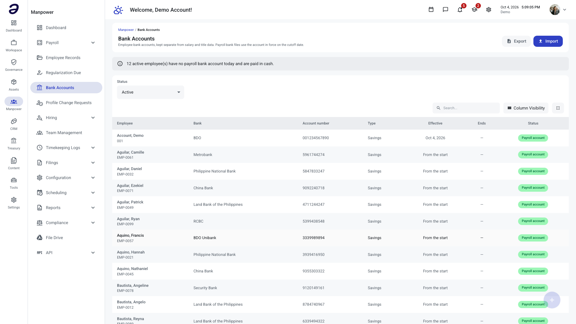 Bank Accounts list showing employee, bank, account number, type, effective dates and status