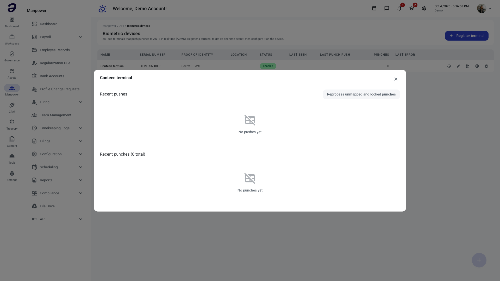 Terminal activity dialog with recent pushes, recent punches and a reprocess button