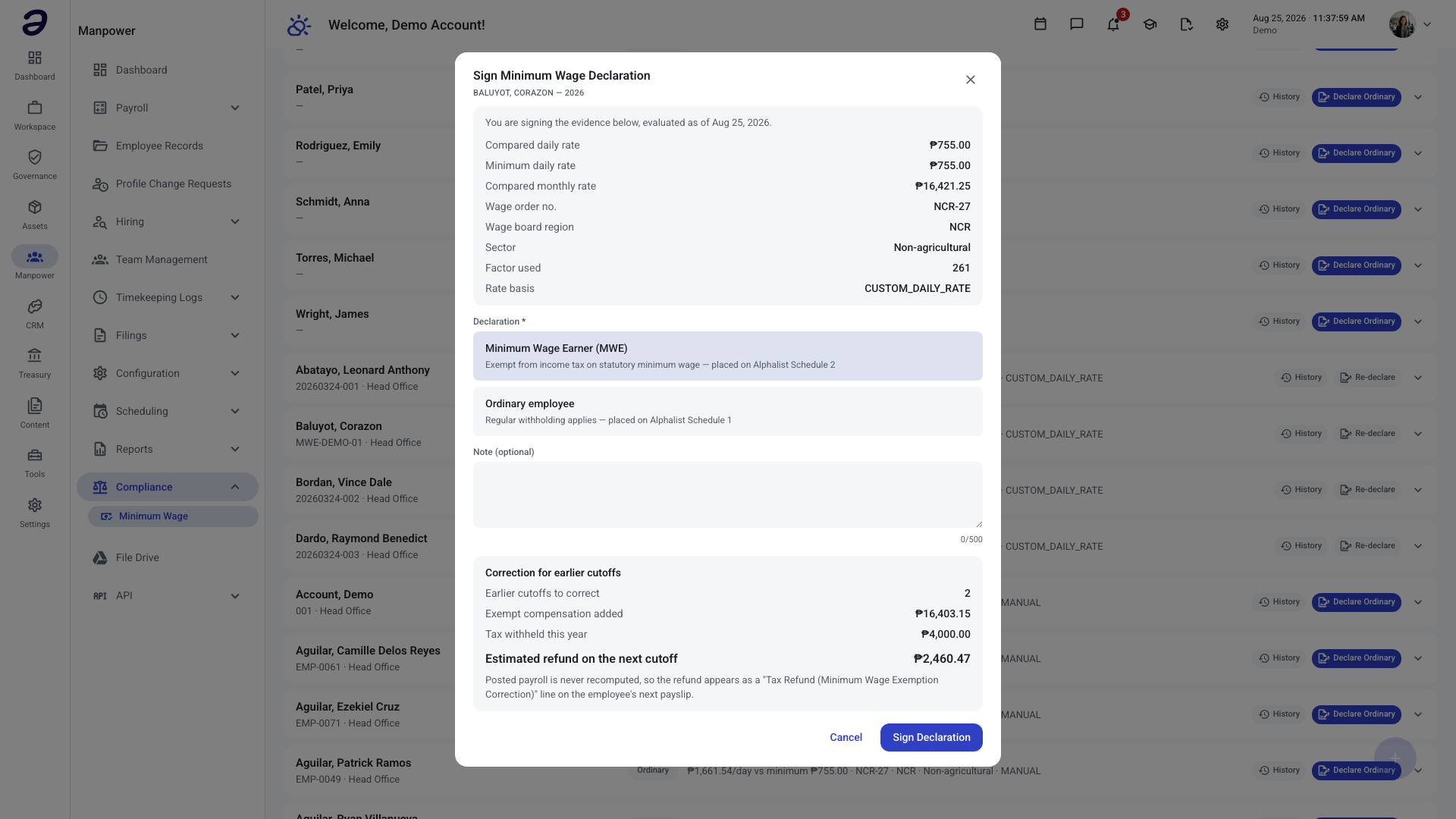 Sign Minimum Wage Declaration dialog showing the Correction for earlier cutoffs panel with correctable cutoffs, exempt compensation added, tax withheld this year, and an estimated refund on the next cutoff