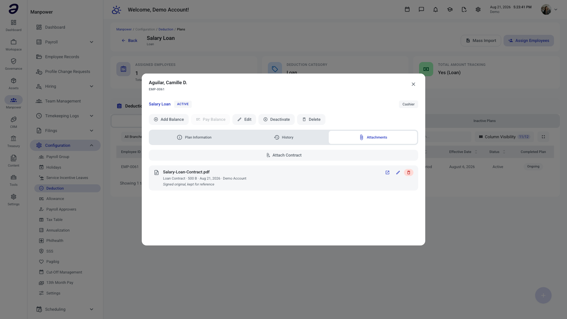 Attachments tab on a loan plan's detail dialog, showing an uploaded document and the Attach Contract button