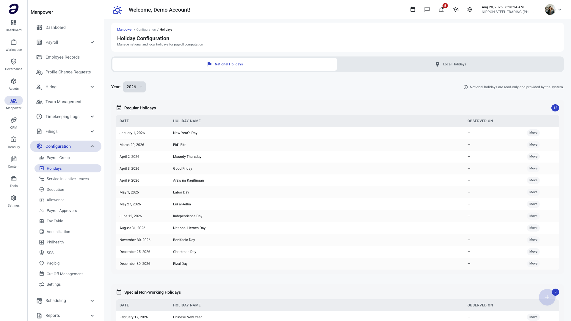 Holiday Configuration showing the National Holidays tab with regular and special non-working holidays for the year