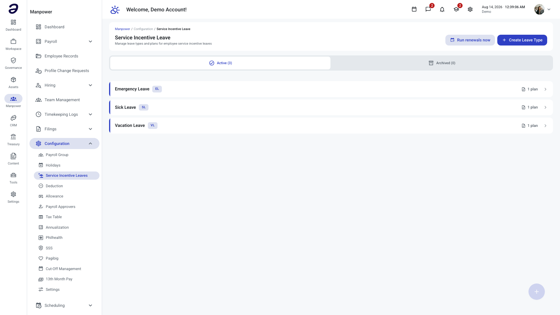 Service Incentive Leaves screen listing the company's leave types