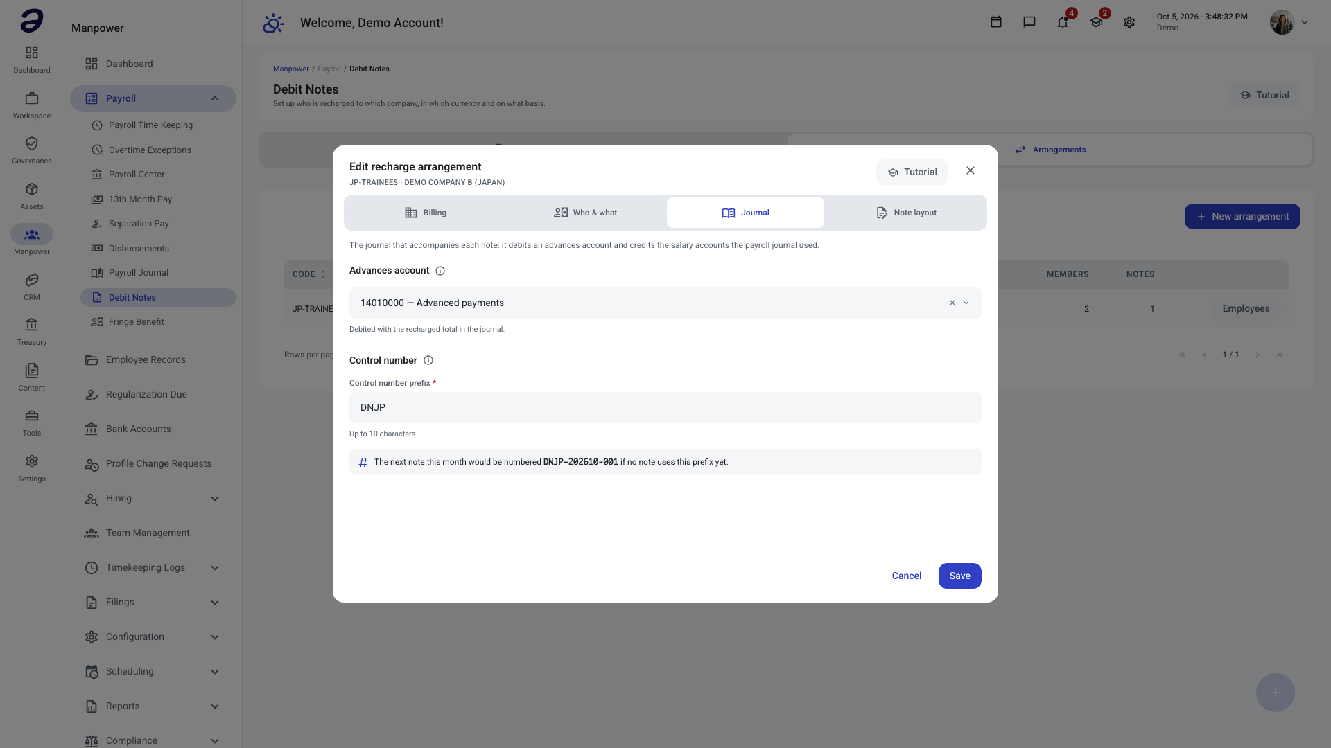 Journal tab with the advances account picker and the control number prefix