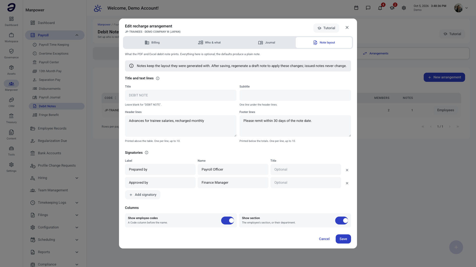 Note layout tab with title, header and footer lines, signatories and column switches