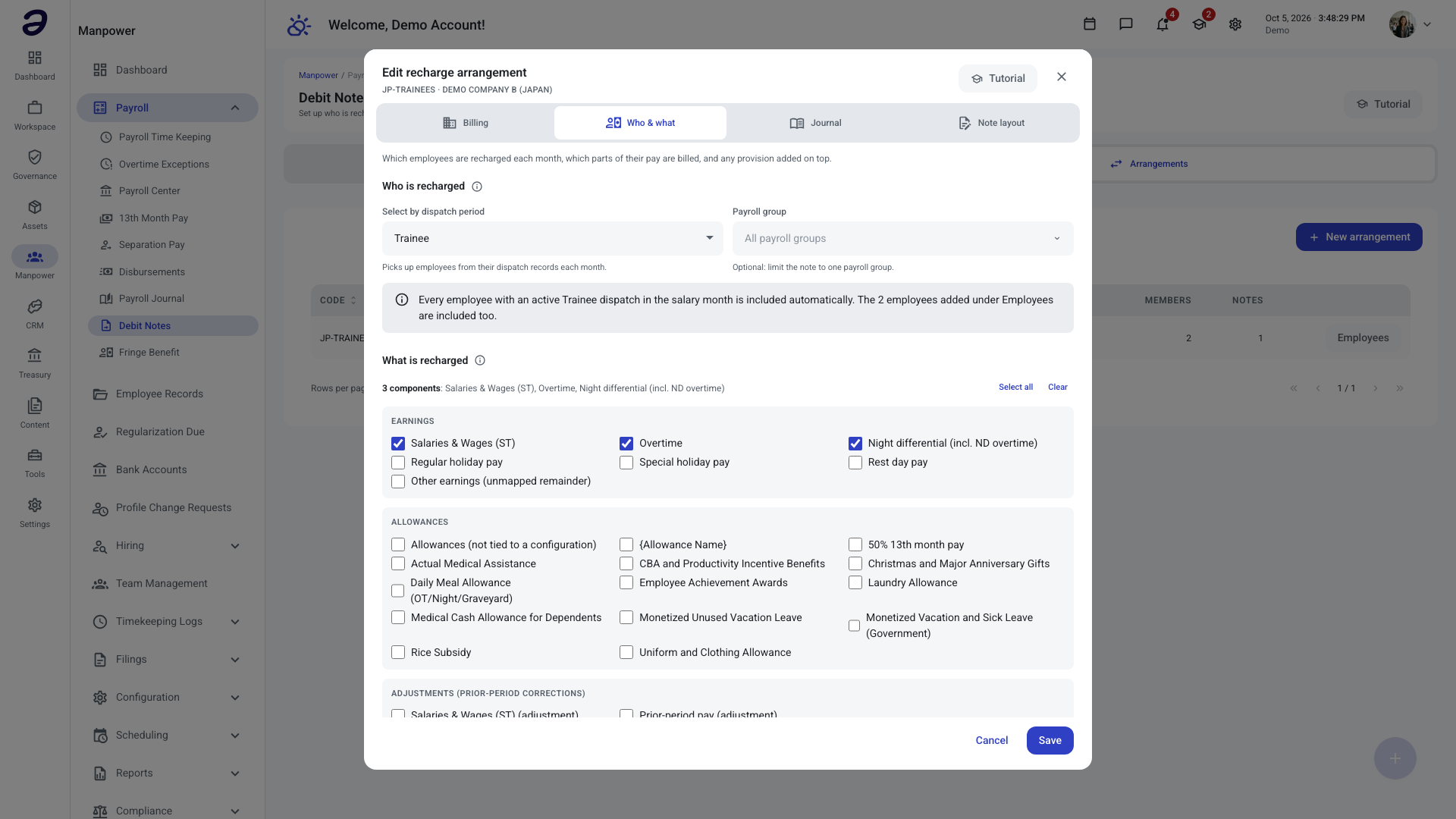 Who and what tab with the dispatch selection and the recharged components