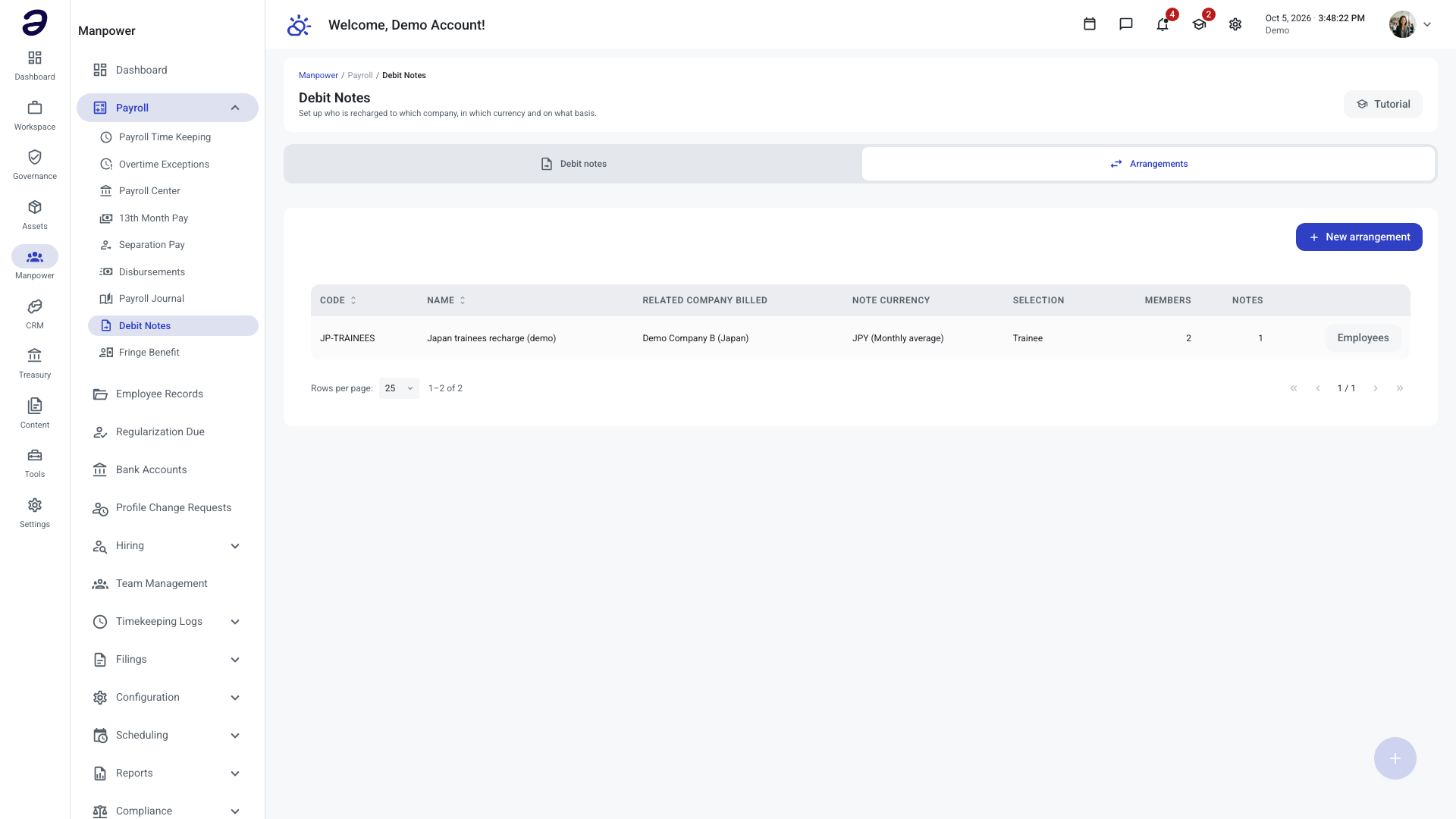 Arrangements tab listing each recharge arrangement with the company billed, currency and members