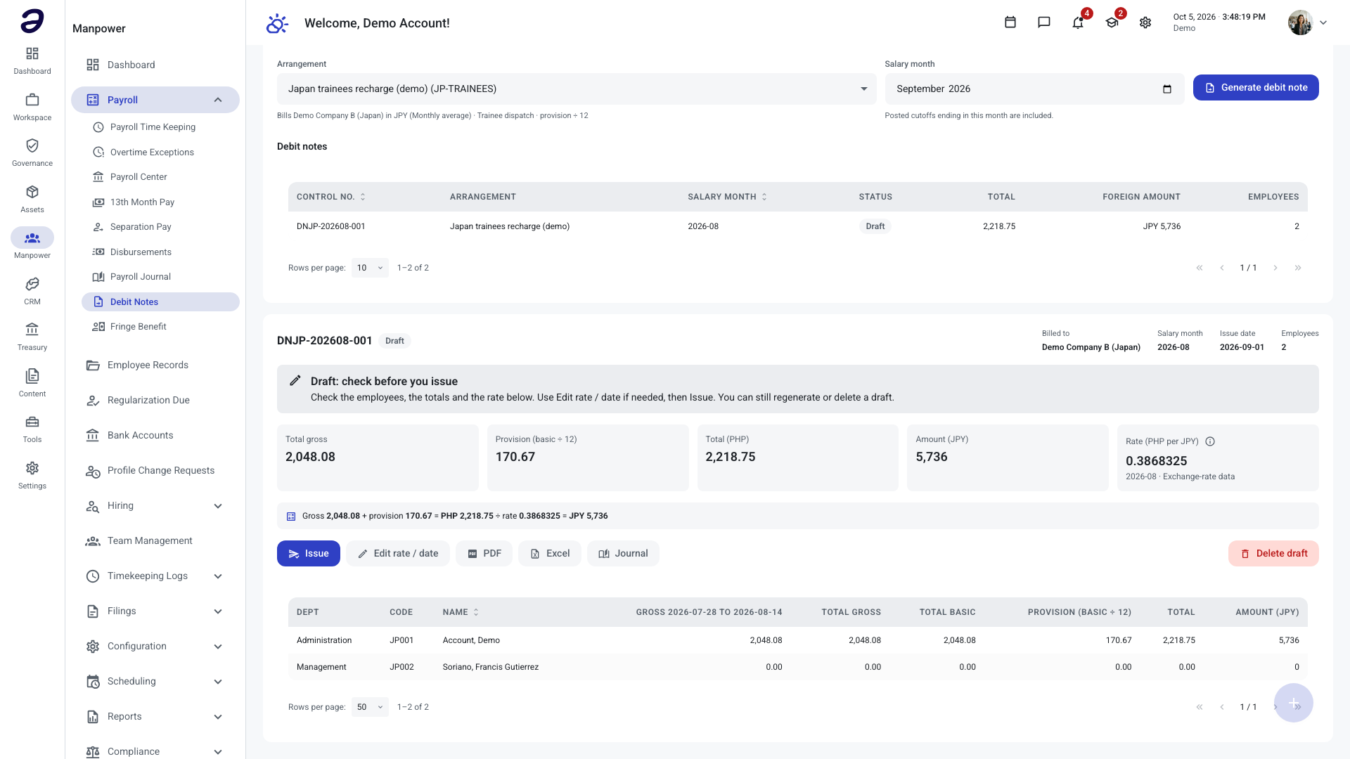 A draft debit note with the status guidance, totals, the exchange rate, the calculation line and the employee breakdown