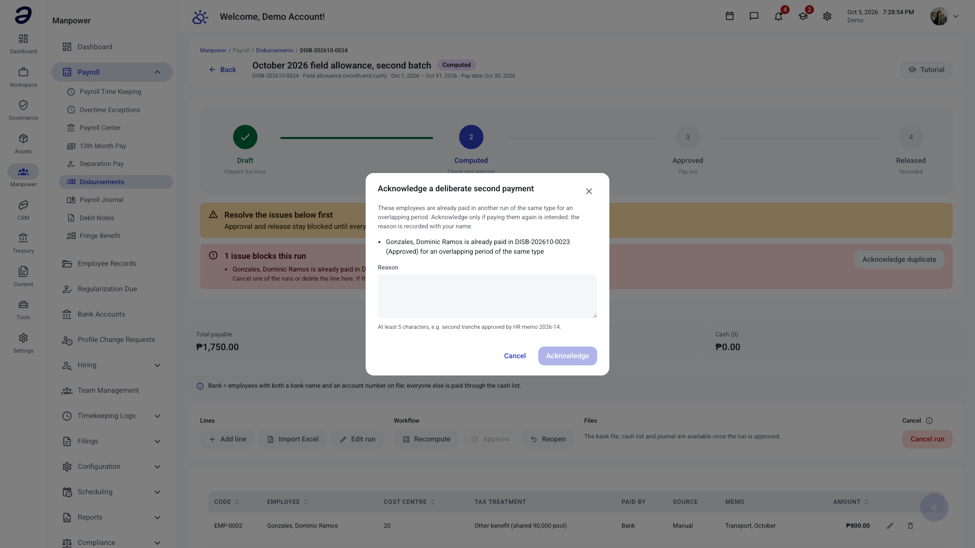 Acknowledge a deliberate second payment dialog with the reason field